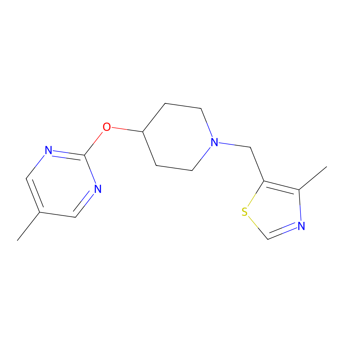 5-Methyl-2-({1-[(4-methyl-1,3-thiazol-5-yl)methyl]piperidin-4-yl}oxy)pyrimidine molecular structure, CAS 2415633-16-6