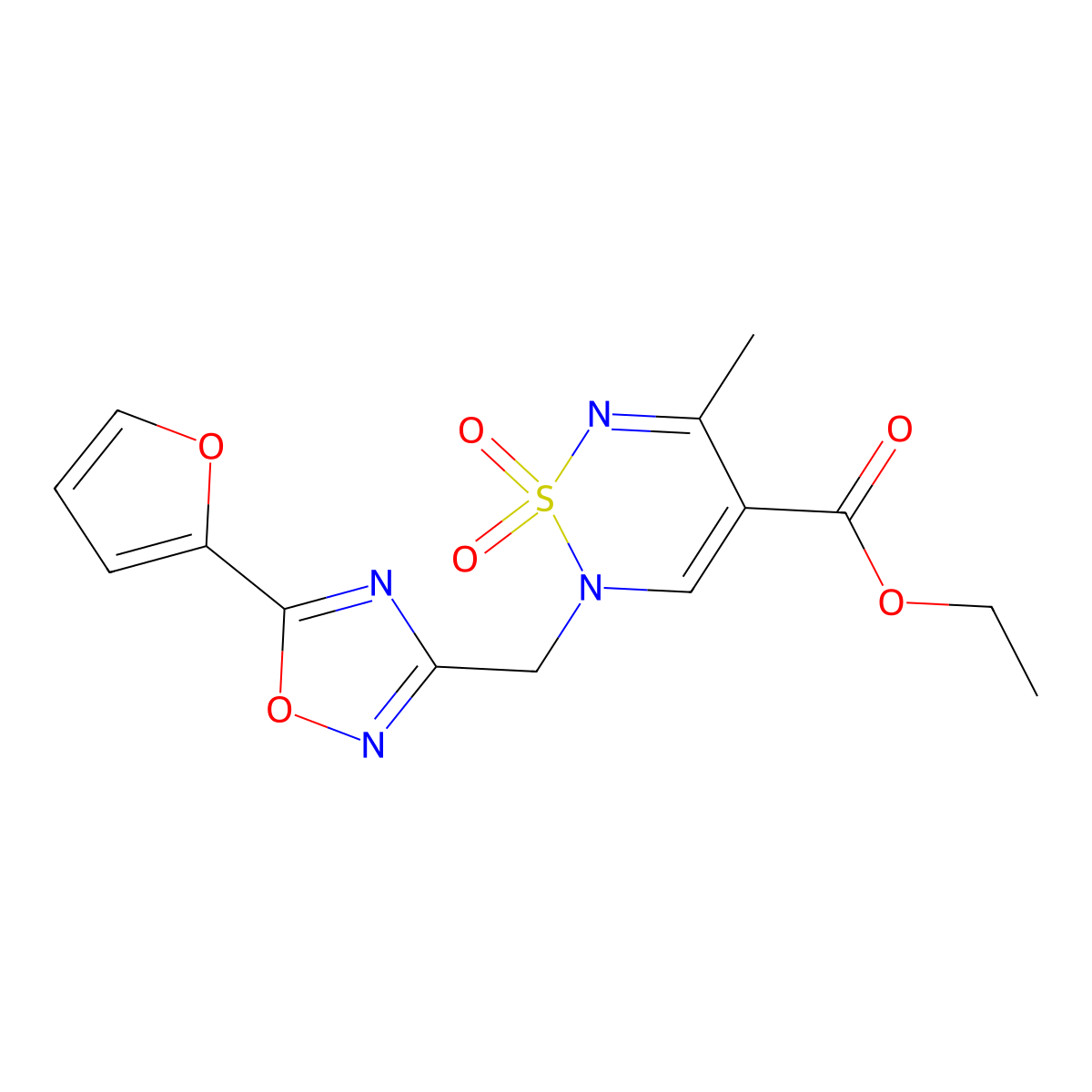ethyl 2-{[5-(furan-2-yl)-1,2,4-oxadiazol-3-yl]methyl}-5-methyl-1,1-dioxo-2H-1lambda6,2,6-thiadiazine-4-carboxylate molecular structure, CAS 2415633-26-8