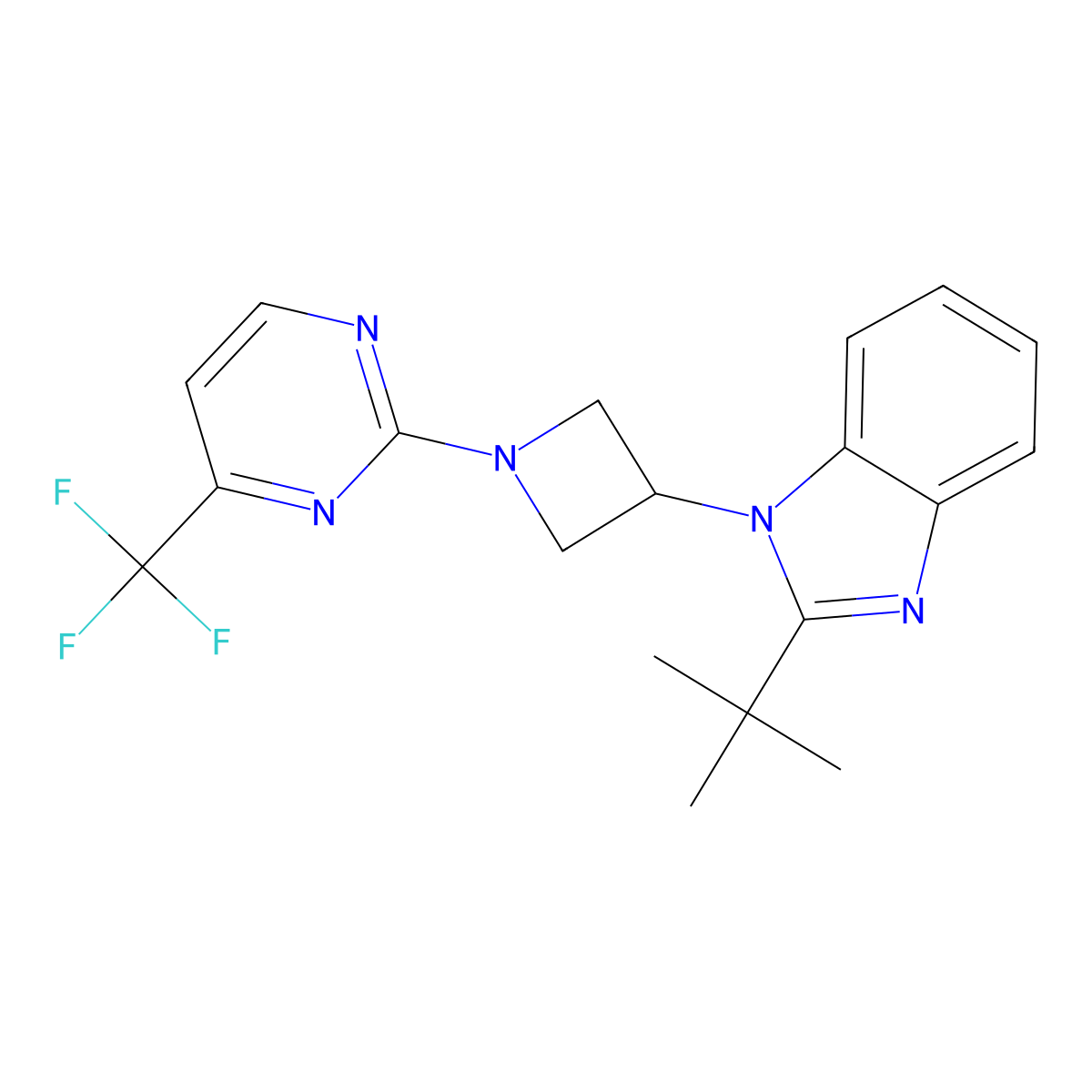 2-tert-butyl-1-{1-[4-(trifluoromethyl)pyrimidin-2-yl]azetidin-3-yl}-1H-1,3-benzodiazole molecular structure, CAS 2415633-54-2