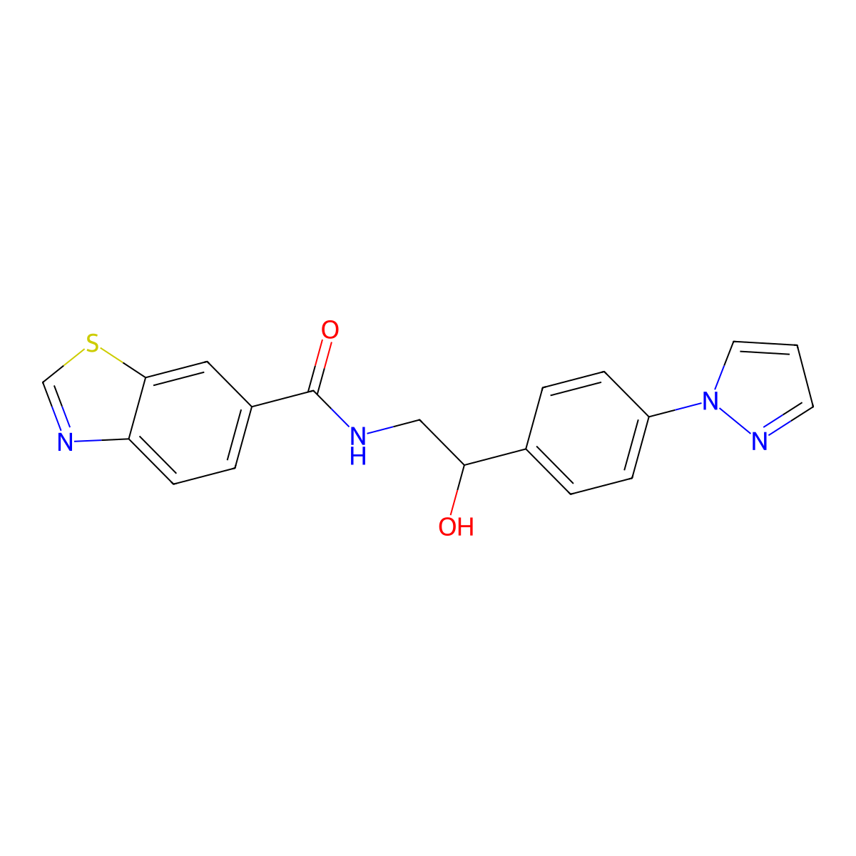 N-[2-Hydroxy-2-(4-pyrazol-1-ylphenyl)ethyl]-1,3-benzothiazole-6-carboxamide molecular structure, CAS 2415633-55-3