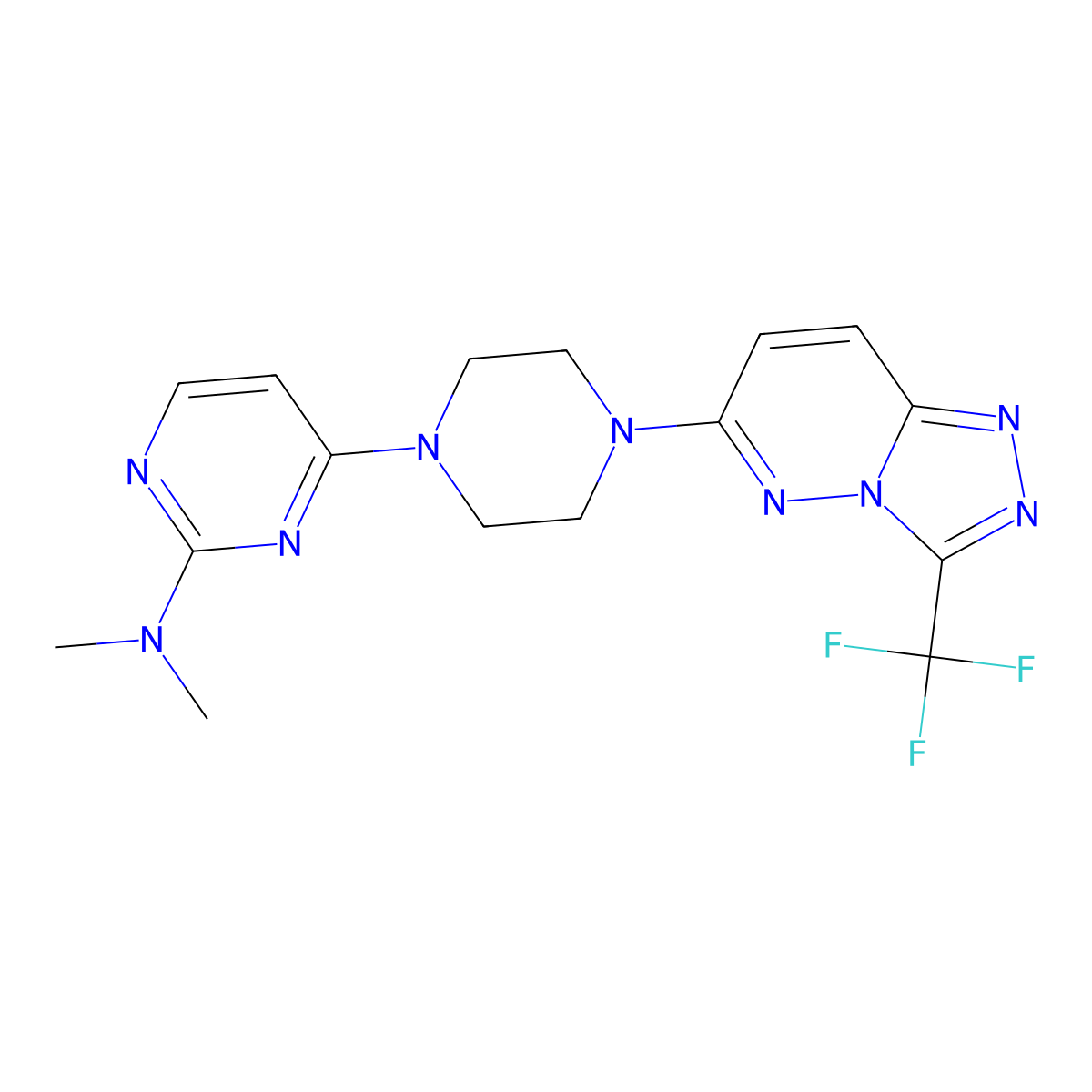 N,N-dimethyl-4-{4-[3-(trifluoromethyl)-[1,2,4]triazolo[4,3-b]pyridazin-6-yl]piperazin-1-yl}pyrimidin-2-amine molecular structure, CAS 2415633-59-7