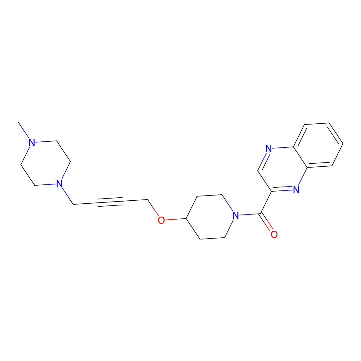 2-(4-{[4-(4-Methylpiperazin-1-yl)but-2-yn-1-yl]oxy}piperidine-1-carbonyl)quinoxaline molecular structure, CAS 2415633-64-4