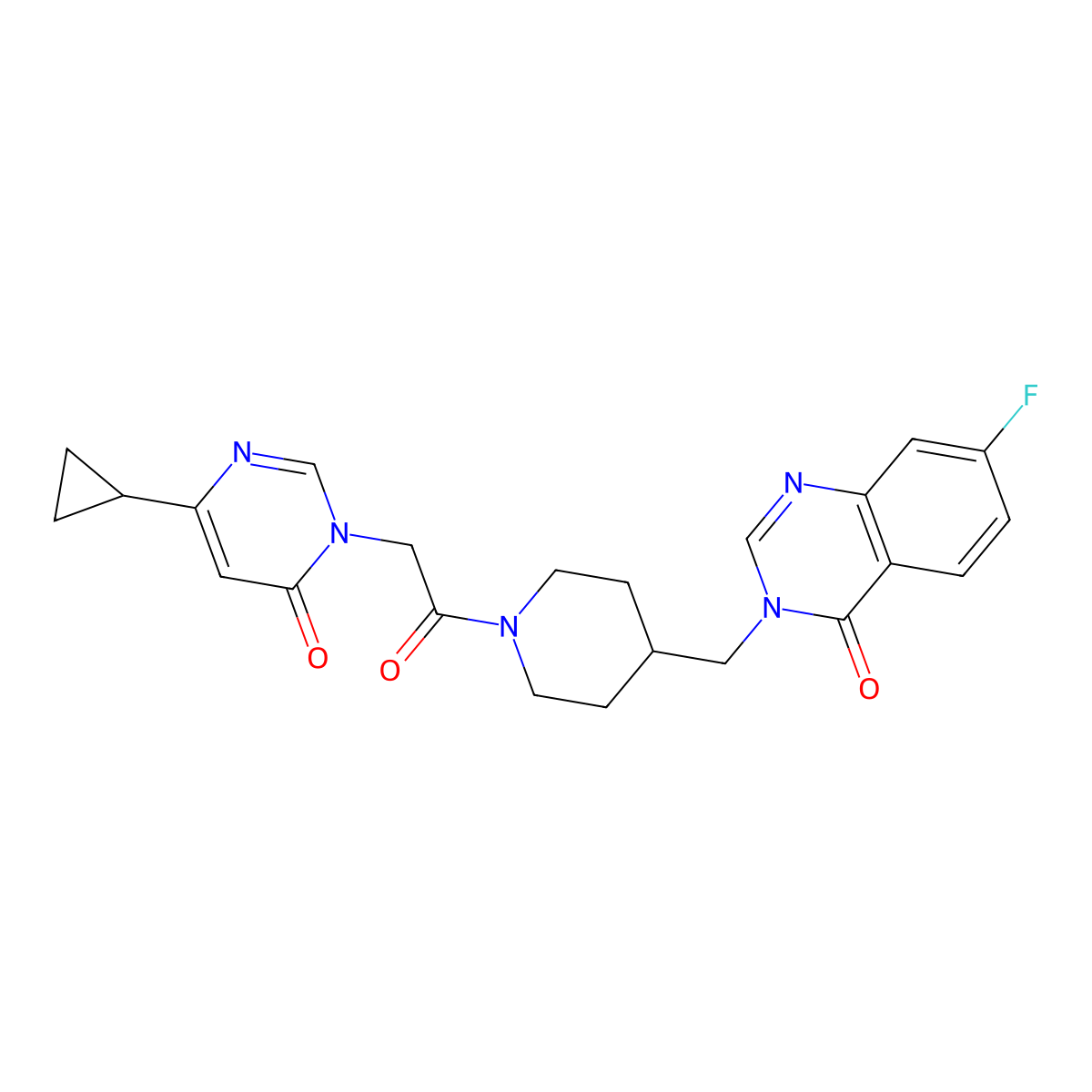 3-({1-[2-(4-Cyclopropyl-6-oxo-1,6-dihydropyrimidin-1-yl)acetyl]piperidin-4-yl}methyl)-7-fluoro-3,4-dihydroquinazolin-4-one molecular structure, CAS 2415633-68-8