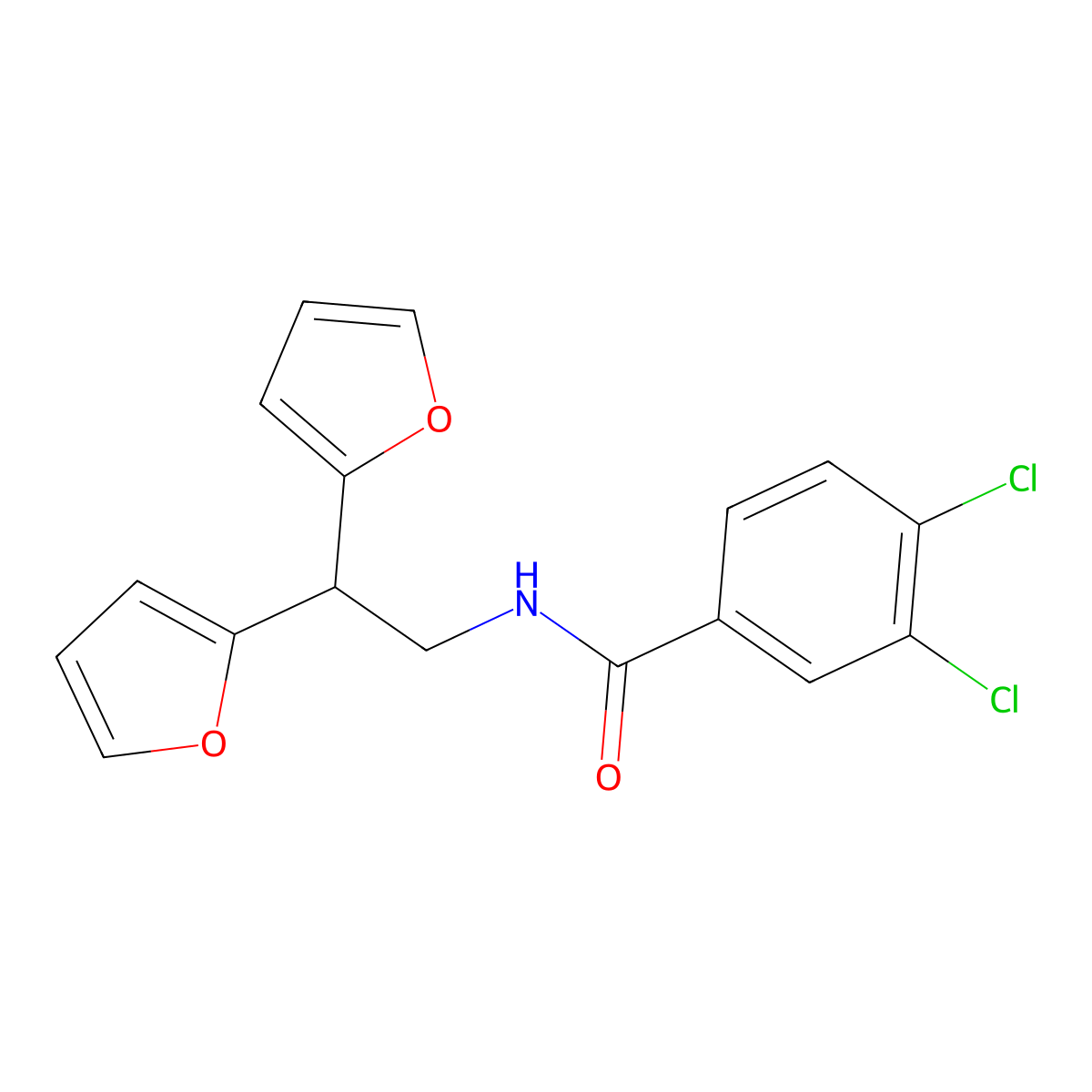 N-[2,2-bis(furan-2-yl)ethyl]-3,4-dichlorobenzamide molecular structure, CAS 2415633-69-9