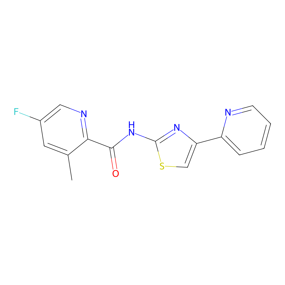 5-fluoro-3-methyl-N-[4-(pyridin-2-yl)-1,3-thiazol-2-yl]pyridine-2-carboxamide molecular structure, CAS 2415633-75-7