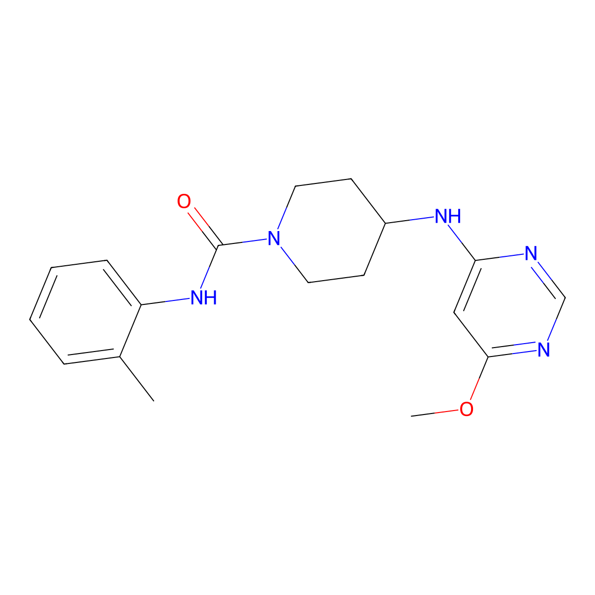 4-[(6-Methoxypyrimidin-4-yl)amino]-N-(2-methylphenyl)piperidine-1-carboxamide molecular structure, CAS 2415633-77-9
