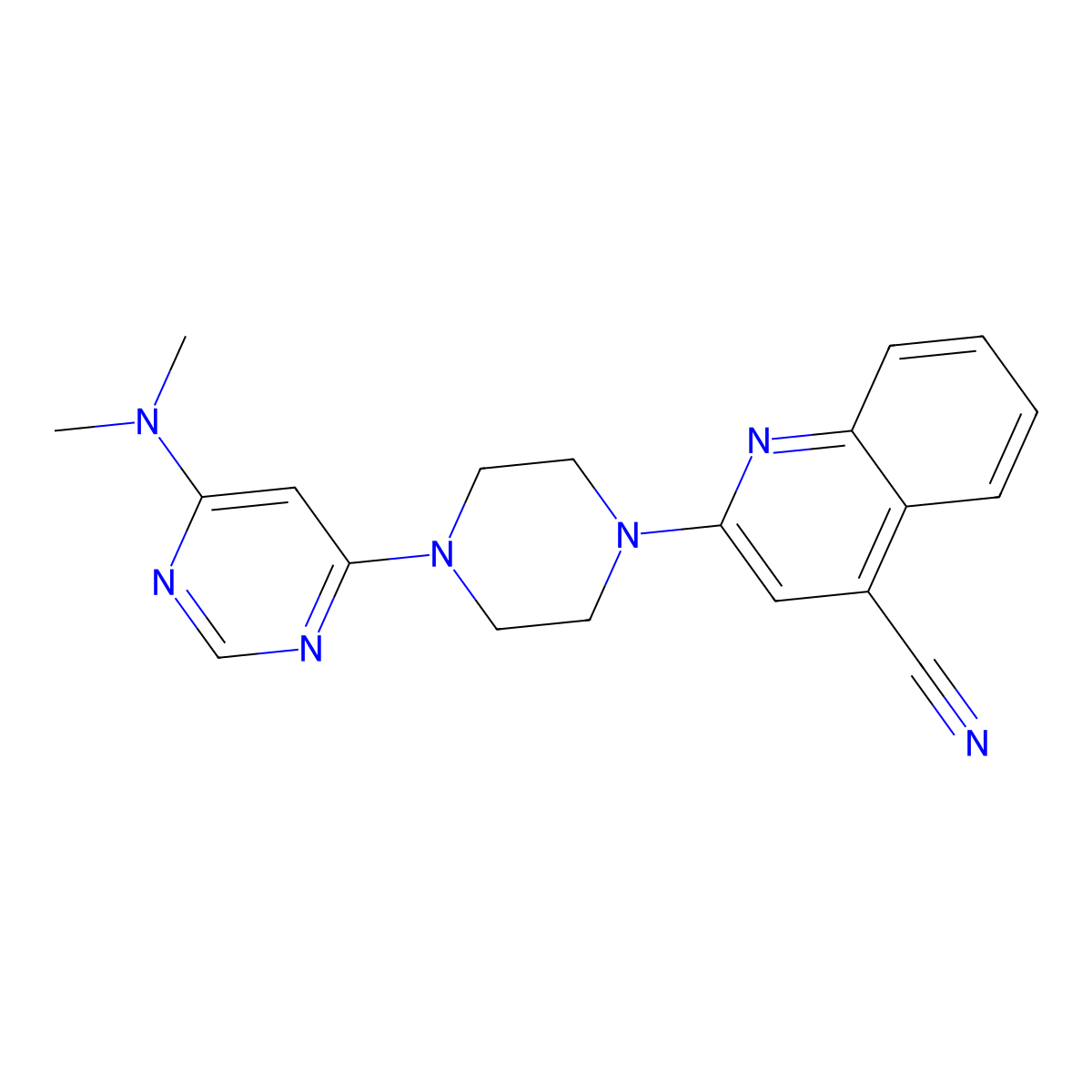 2-{4-[6-(Dimethylamino)pyrimidin-4-yl]piperazin-1-yl}quinoline-4-carbonitrile molecular structure, CAS 2415633-78-0
