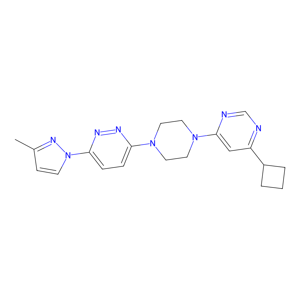 4-cyclobutyl-6-{4-[6-(3-methyl-1H-pyrazol-1-yl)pyridazin-3-yl]piperazin-1-yl}pyrimidine molecular structure, CAS 2415633-89-3
