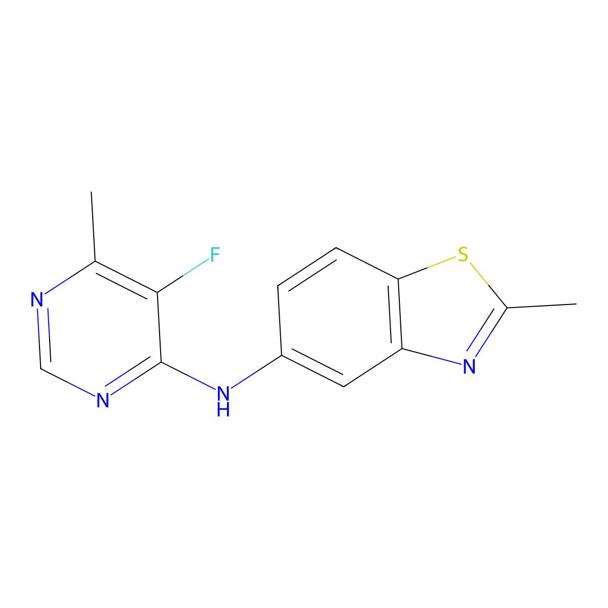 N-(5-Fluoro-6-methylpyrimidin-4-yl)-2-methyl-1,3-benzothiazol-5-amine molecular structure, CAS 2415633-96-2