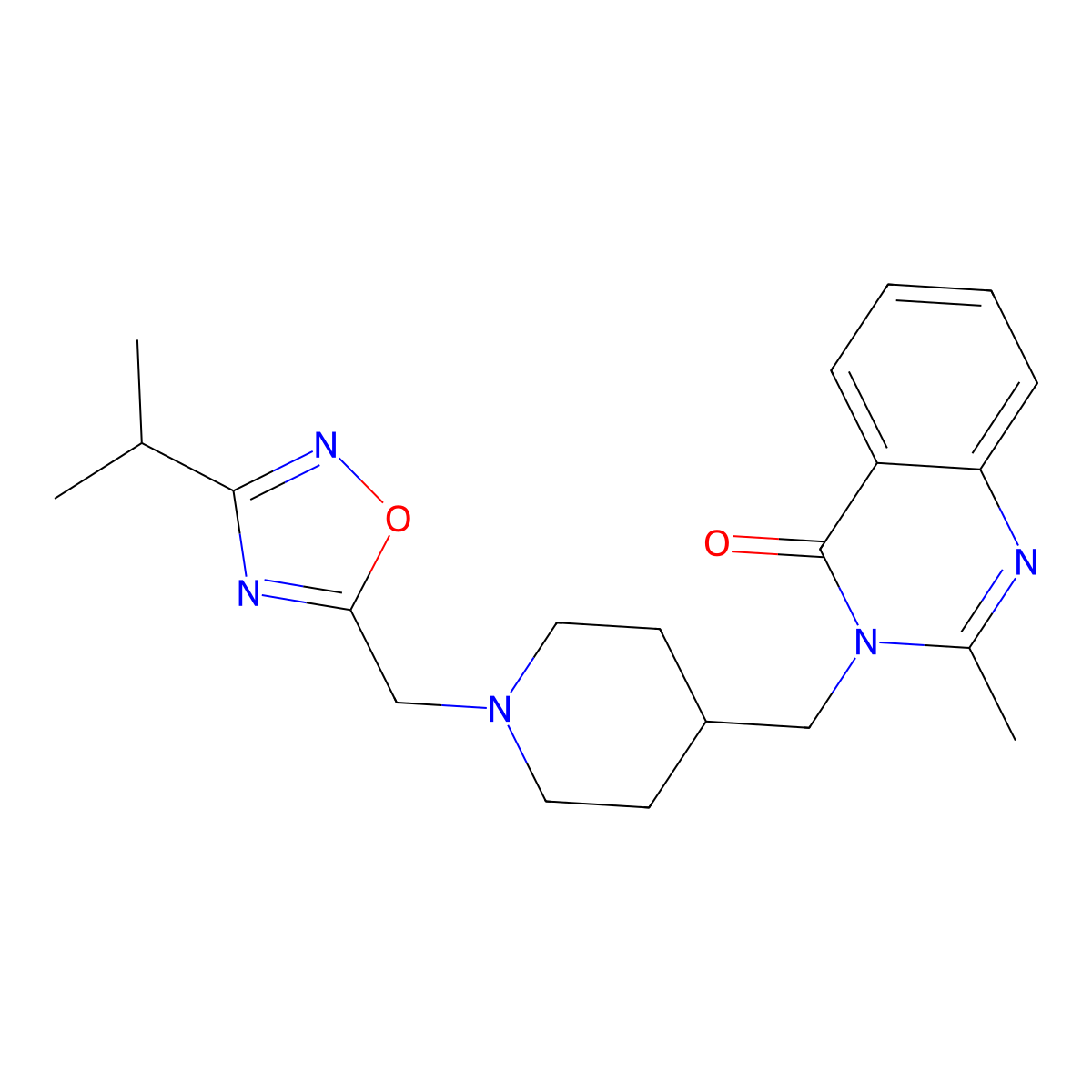 2-Methyl-3-[(1-{[3-(propan-2-yl)-1,2,4-oxadiazol-5-yl]methyl}piperidin-4-yl)methyl]-3,4-dihydroquinazolin-4-one molecular structure, CAS 2415634-14-7