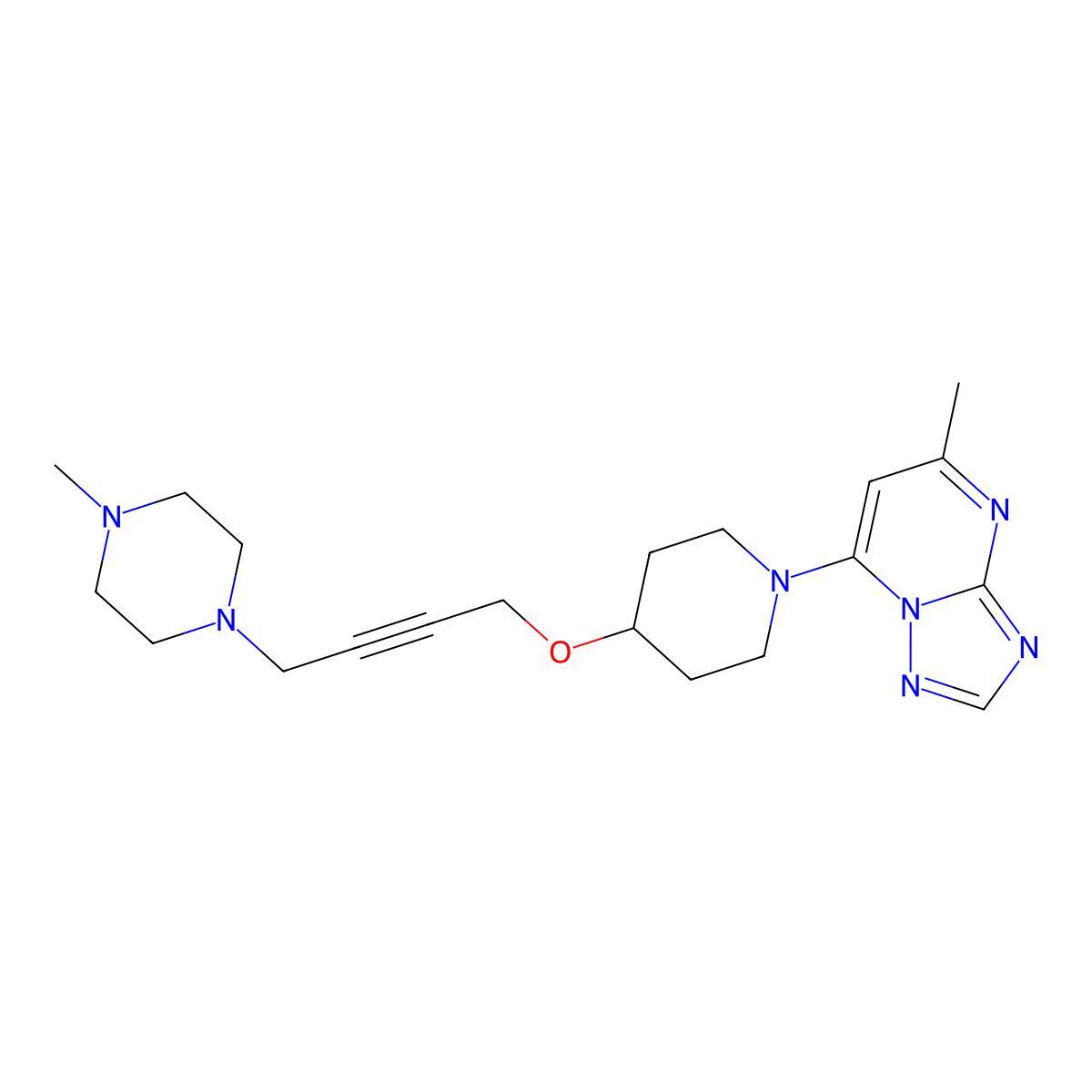1-Methyl-4-{4-[(1-{5-methyl-[1,2,4]triazolo[1,5-a]pyrimidin-7-yl}piperidin-4-yl)oxy]but-2-yn-1-yl}piperazine molecular structure, CAS 2415634-15-8