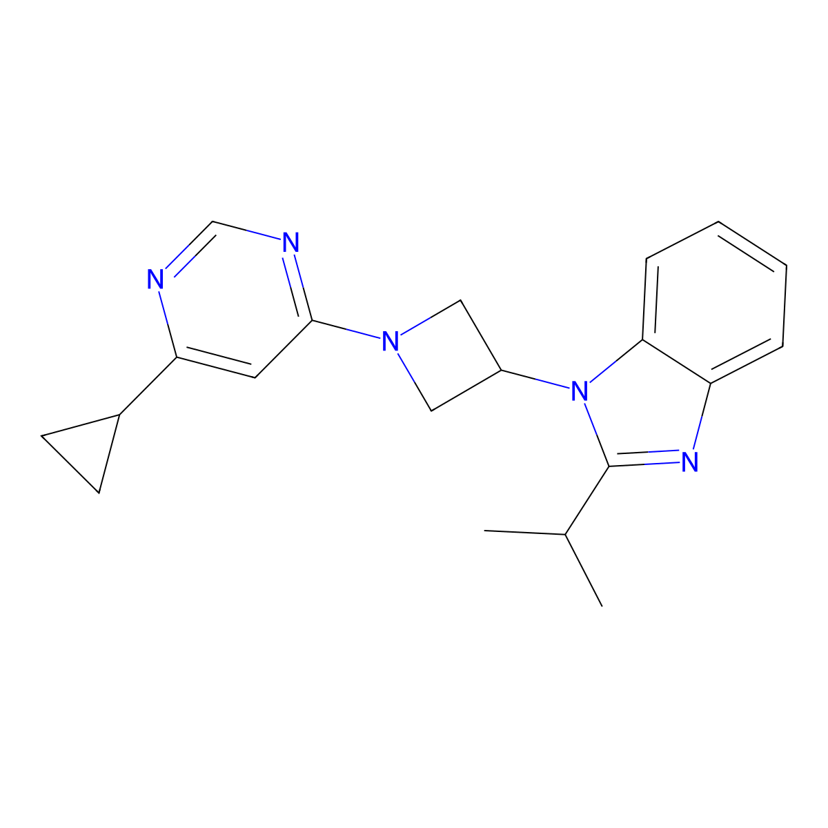 1-[1-(6-cyclopropylpyrimidin-4-yl)azetidin-3-yl]-2-(propan-2-yl)-1H-1,3-benzodiazole molecular structure, CAS 2415634-27-2