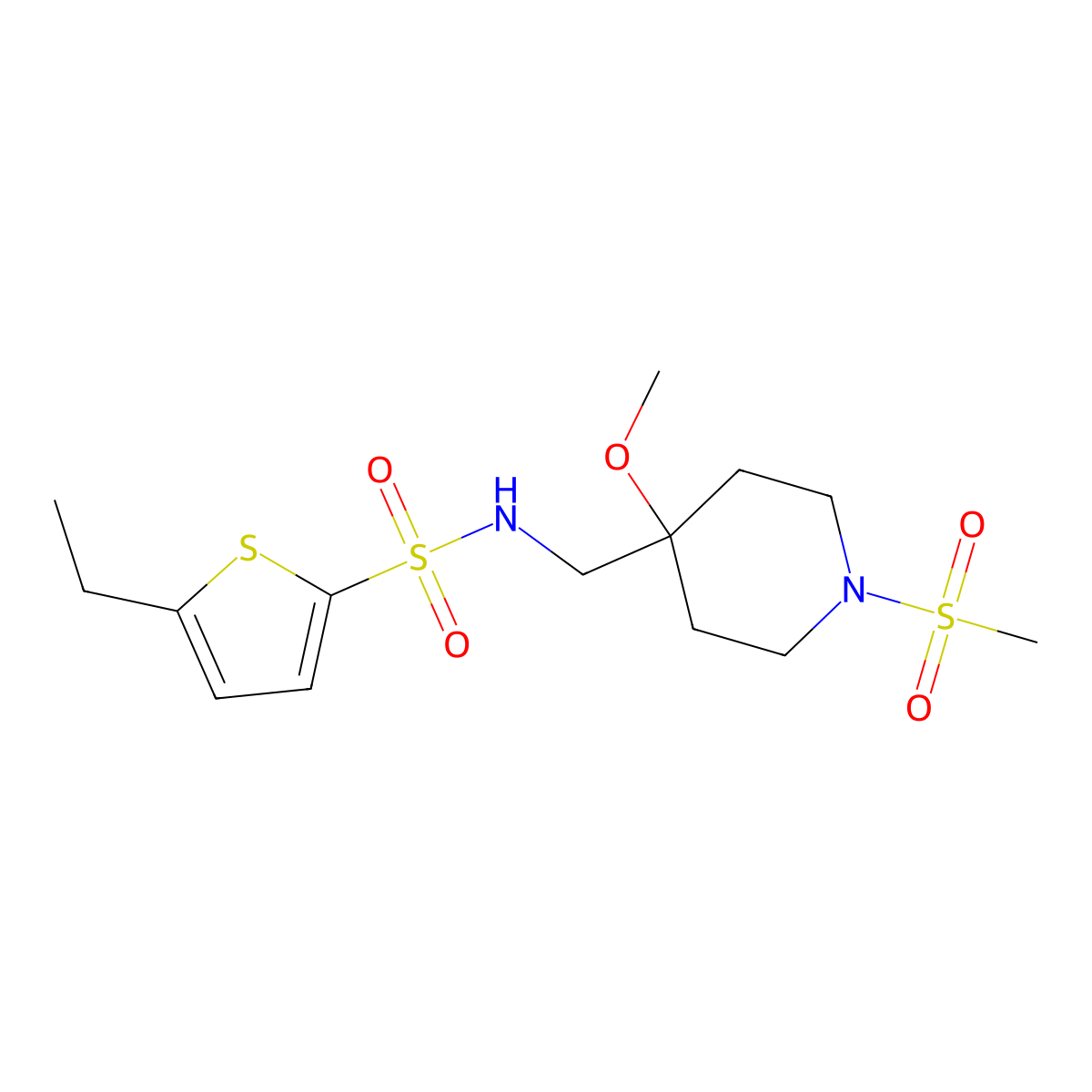 5-ethyl-N-[(1-methanesulfonyl-4-methoxypiperidin-4-yl)methyl]thiophene-2-sulfonamide molecular structure, CAS 2415634-36-3
