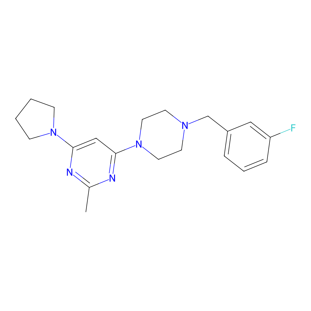 4-{4-[(3-Fluorophenyl)methyl]piperazin-1-yl}-2-methyl-6-(pyrrolidin-1-yl)pyrimidine molecular structure, CAS 2415634-48-7