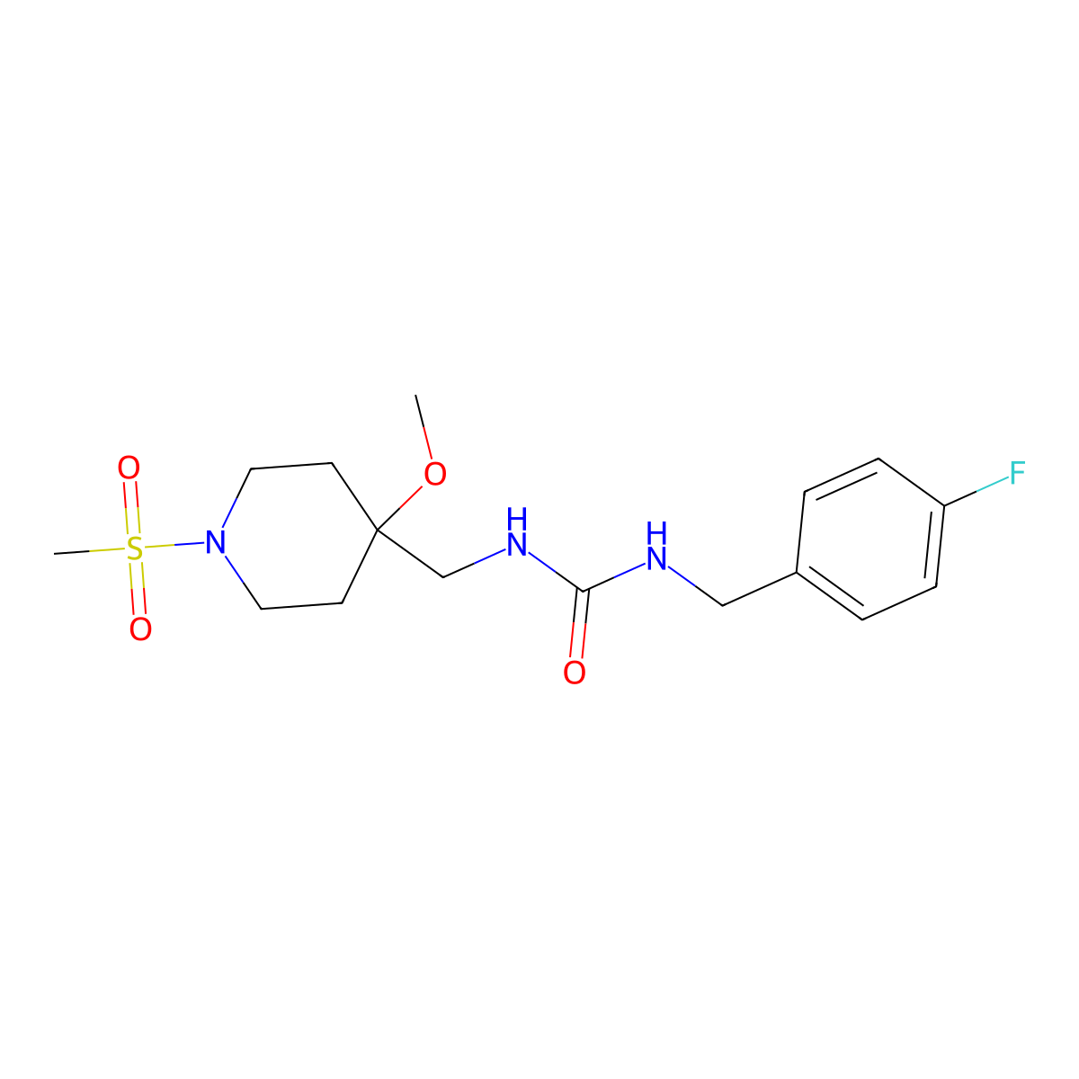 1-[(4-Fluorophenyl)methyl]-3-[(1-methanesulfonyl-4-methoxypiperidin-4-yl)methyl]urea molecular structure, CAS 2415634-52-3
