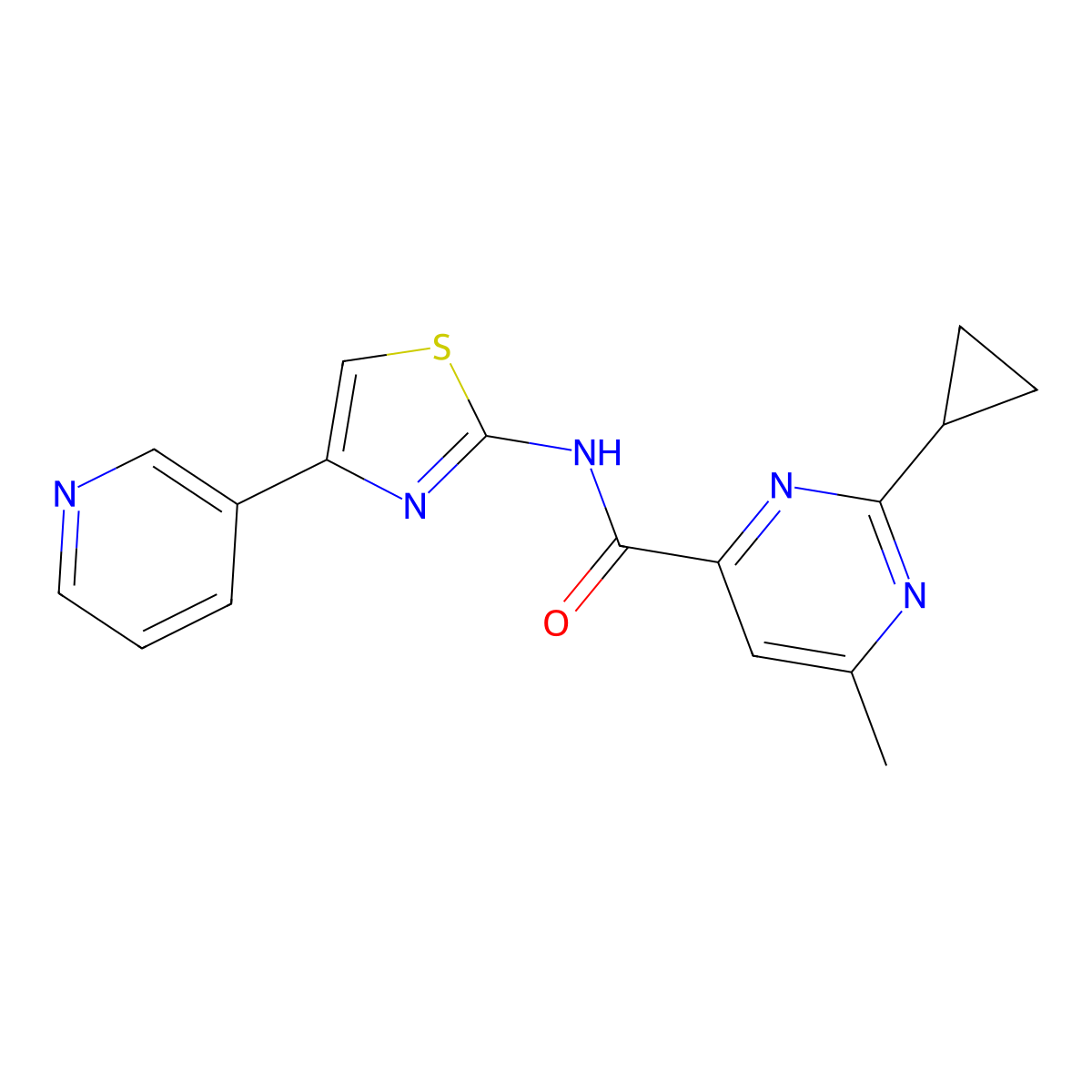 2-cyclopropyl-6-methyl-N-[4-(pyridin-3-yl)-1,3-thiazol-2-yl]pyrimidine-4-carboxamide molecular structure, CAS 2415634-71-6