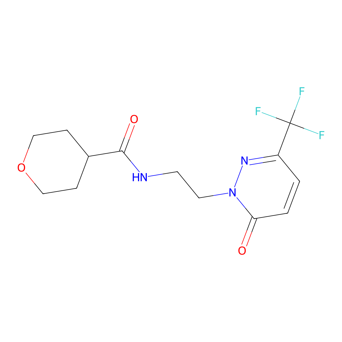 N-{2-[6-oxo-3-(trifluoromethyl)-1,6-dihydropyridazin-1-yl]ethyl}oxane-4-carboxamide molecular structure, CAS 2415634-74-9