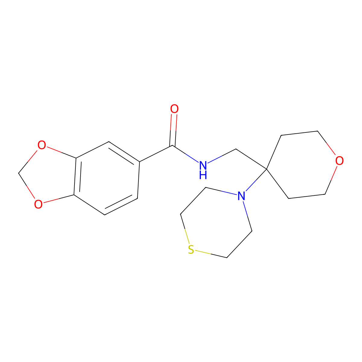 N-{[4-(thiomorpholin-4-yl)oxan-4-yl]methyl}-2H-1,3-benzodioxole-5-carboxamide molecular structure, CAS 2415634-76-1