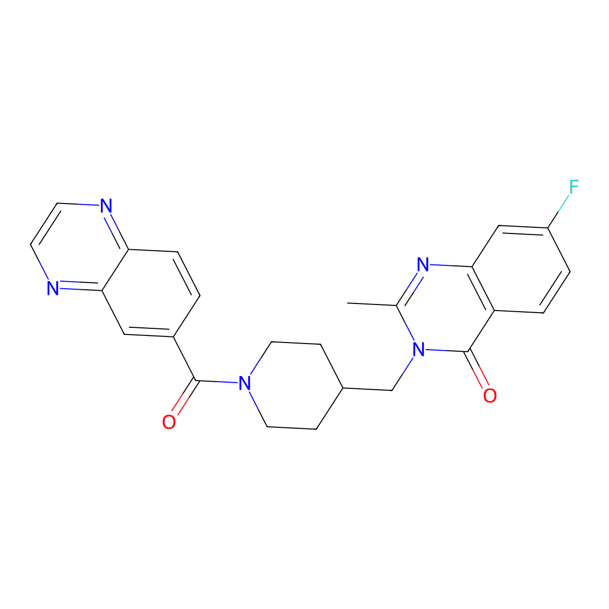 7-Fluoro-2-methyl-3-{[1-(quinoxaline-6-carbonyl)piperidin-4-yl]methyl}-3,4-dihydroquinazolin-4-one molecular structure, CAS 2415634-85-2