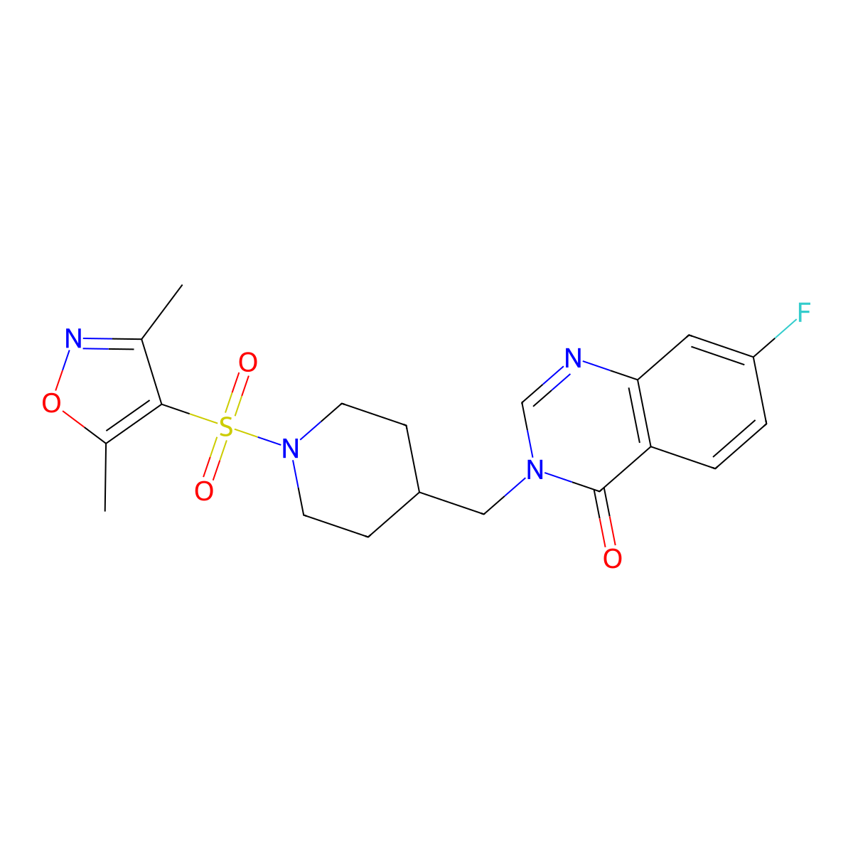 3-({1-[(3,5-Dimethyl-1,2-oxazol-4-yl)sulfonyl]piperidin-4-yl}methyl)-7-fluoro-3,4-dihydroquinazolin-4-one molecular structure, CAS 2415634-88-5