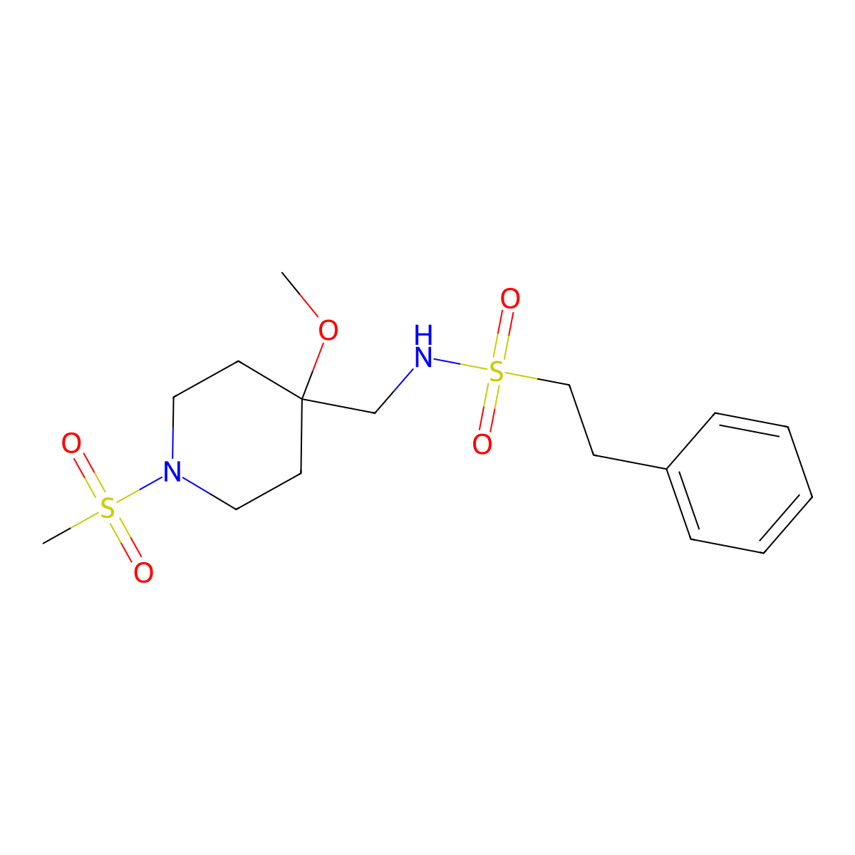 N-[(1-methanesulfonyl-4-methoxypiperidin-4-yl)methyl]-2-phenylethane-1-sulfonamide molecular structure, CAS 2415634-91-0