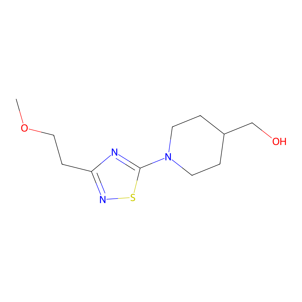 {1-[3-(2-Methoxyethyl)-1,2,4-thiadiazol-5-yl]piperidin-4-yl}methanol molecular structure, CAS 2415634-92-1