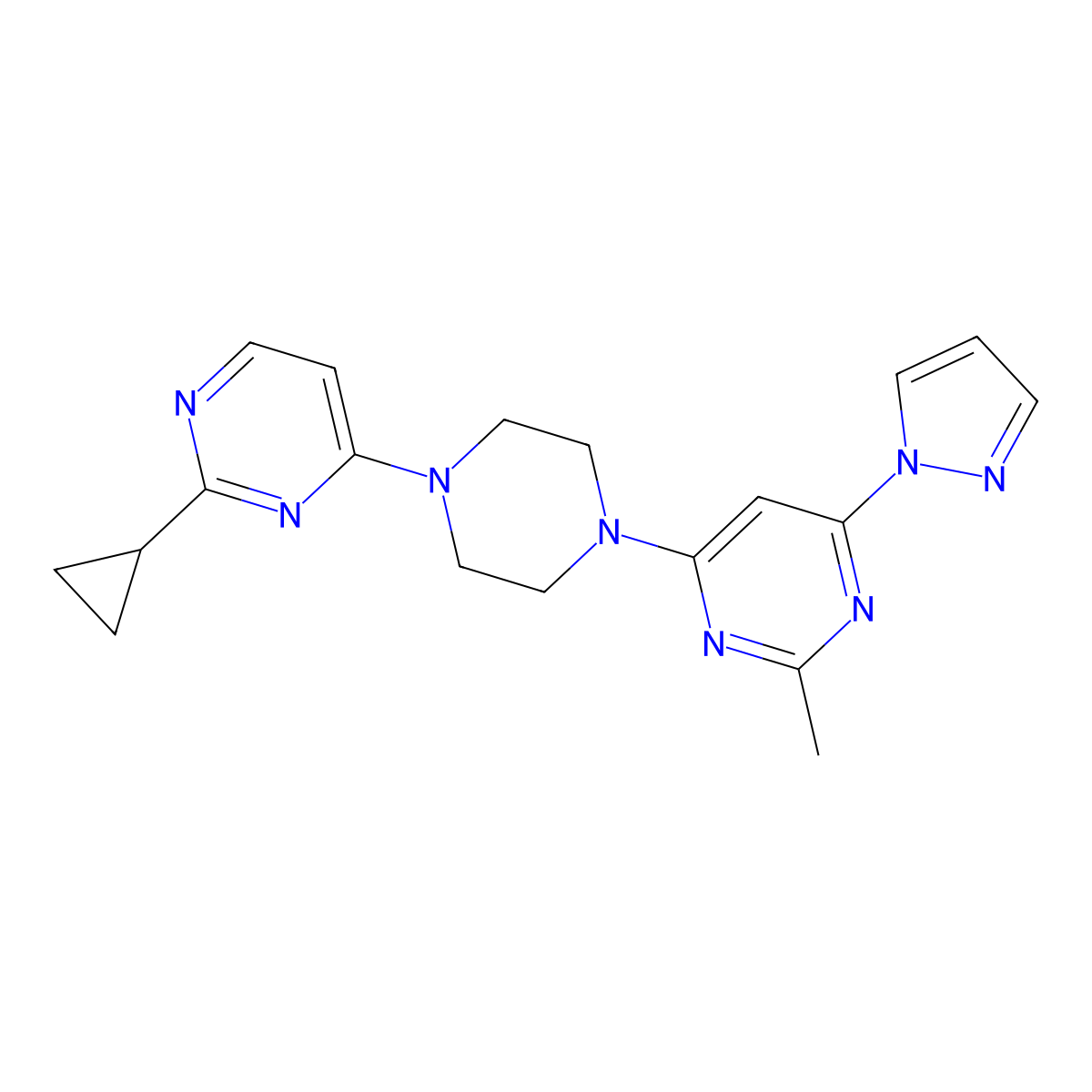 4-[4-(2-cyclopropylpyrimidin-4-yl)piperazin-1-yl]-2-methyl-6-(1H-pyrazol-1-yl)pyrimidine molecular structure, CAS 2415634-95-4