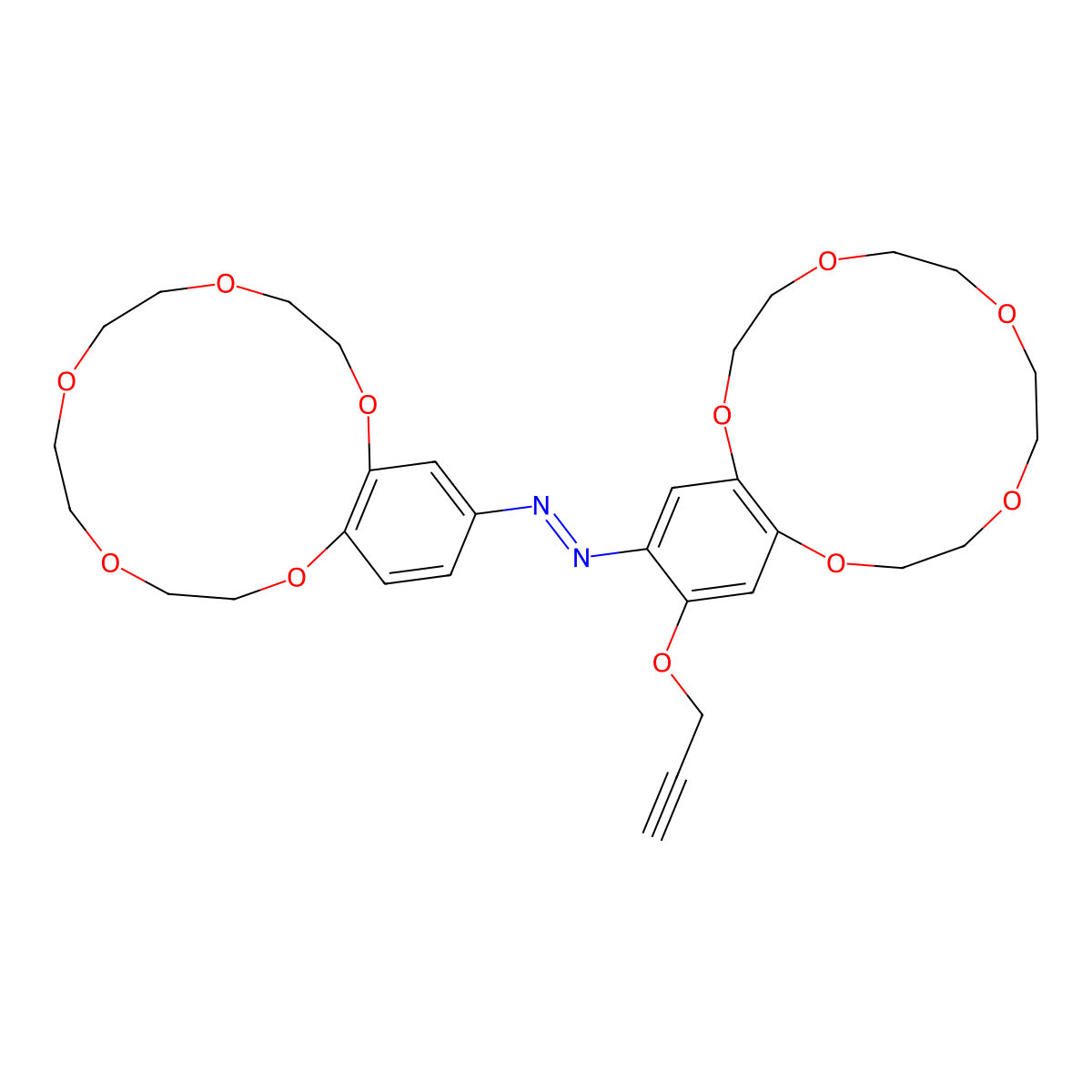 (E)-(2,3,5,6,8,9,11,12-octahydro-1,4,7,10,13-benzopentaoxacyclopentadecin-15-yl)[16-(prop-2-yn-1-yloxy)-2,3,5,6,8,9,11,12-octahydro-1,4,7,10,13-benzopentaoxacyclopentadecin-15-yl]diazene molecular structure, CAS 2415642-22-5