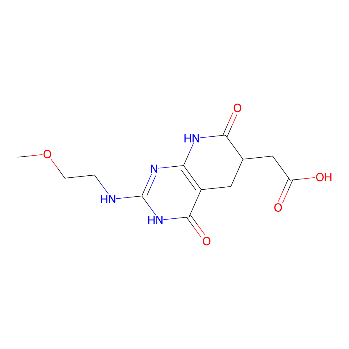 Pyrido[2,3-d]pyrimidine-6-acetic acid, 1,4,5,6,7,8-hexahydro-2-[(2-methoxyethyl)amino]-4,7-dioxo- molecular structure, CAS 2415873-90-2
