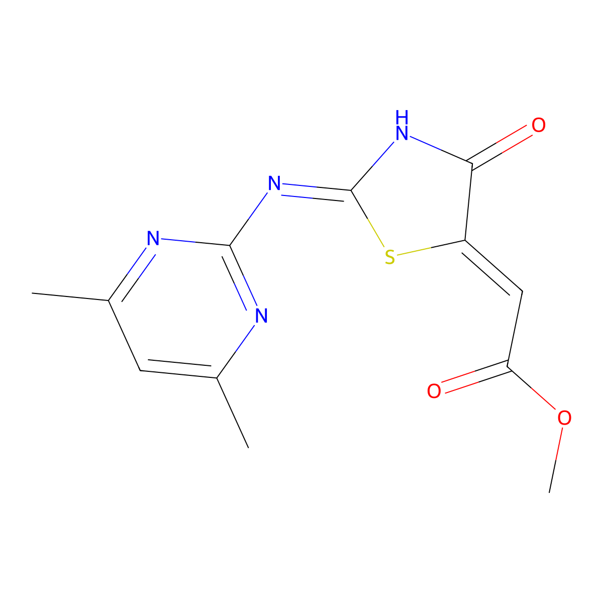 Methyl 2-[2-(4,6-dimethylpyrimidin-2-yl)imino-4-oxo-1,3-thiazolidin-5-ylidene]acetate molecular structure, CAS 2415898-08-5