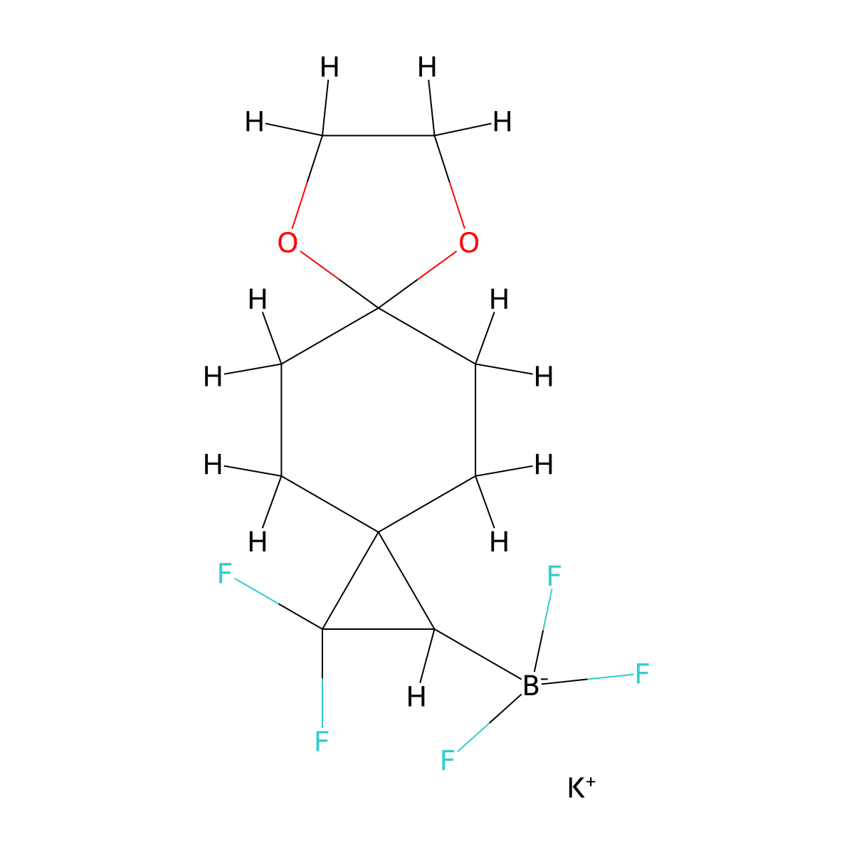 Potassium {2,2-difluoro-7,10-dioxadispiro[2.2.4^{6}.2^{3}]dodecan-1-yl}trifluoroboranuide molecular structure, CAS 2416056-44-3