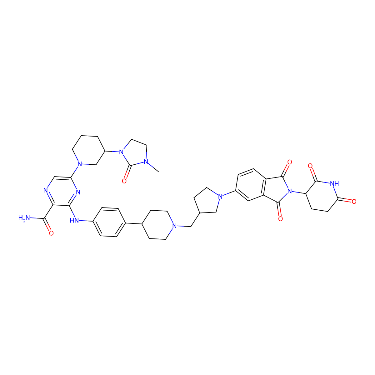 3-[[4-[1-[[(3S)-1-[2-(2,6-Dioxo-3-piperidinyl)-2,3-dihydro-1,3-dioxo-1H-isoindol-5-yl]-3-pyrrolidinyl]methyl]-4-piperidinyl]phenyl]amino]-5-[(3R)-3-(3-methyl-2-oxo-1-imidazolidinyl)-1-piperidinyl]-2-pyrazinecarboxamide molecular structure, CAS 2416130-57-7