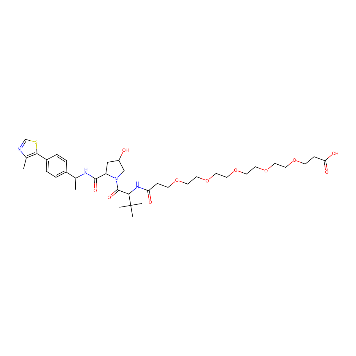 (S)-21-((2S,4R)-4-Hydroxy-2-(((S)-1-(4-(4-methylthiazol-5-yl)phenyl)ethyl)carbamoyl)pyrrolidine-1-carbonyl)-22,22-dimethyl-19-oxo-4,7,10,13,16-pentaoxa-20-azatricosanoic acid molecular structure, CAS 2416133-83-8