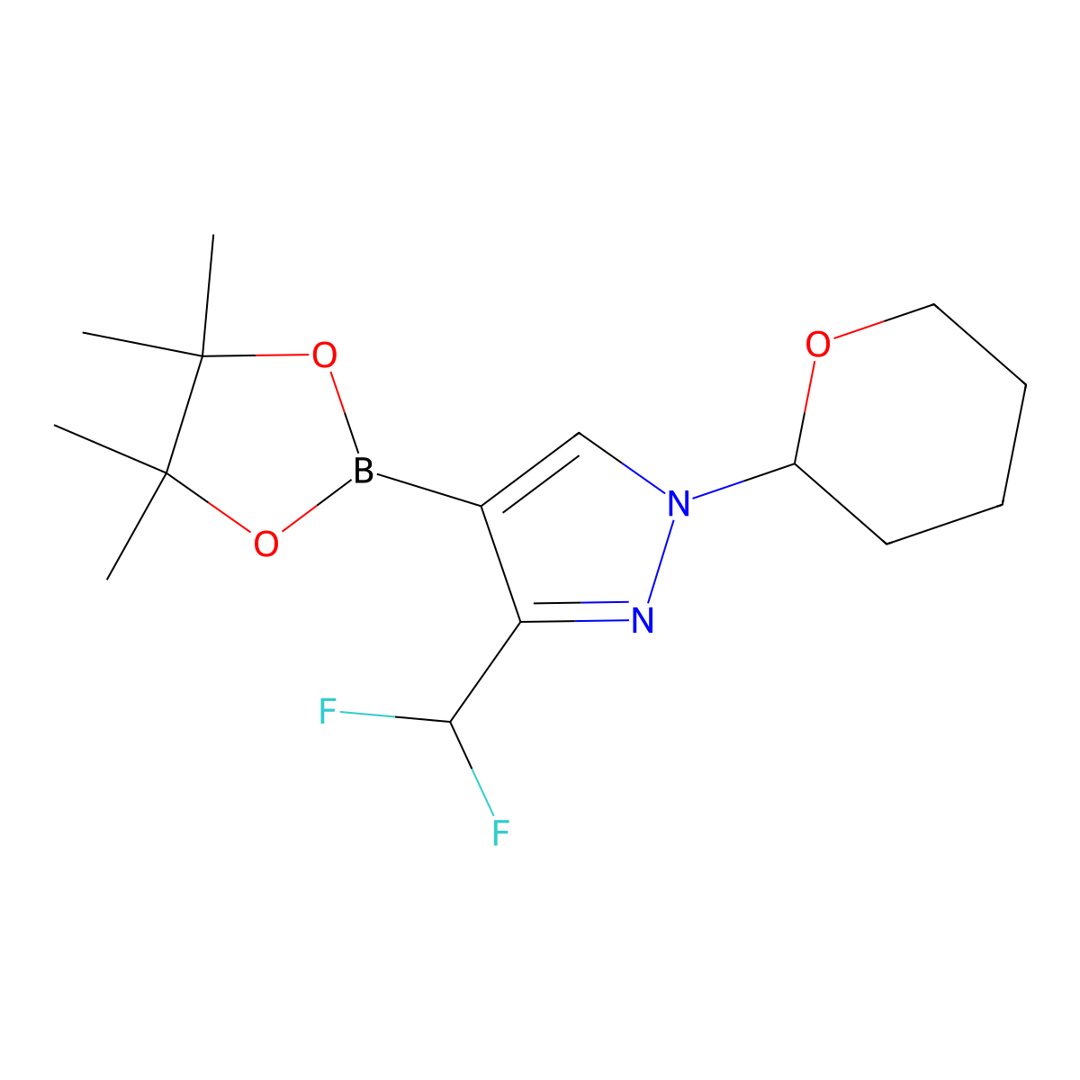 3-(difluoromethyl)-1-(oxan-2-yl)-4-(4,4,5,5-tetramethyl-1,3,2-dioxaborolan-2-yl)-1H-pyrazole molecular structure, CAS 2416164-39-9