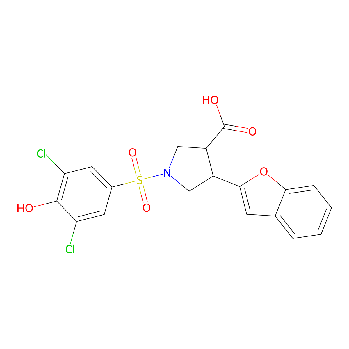 (3S,4S)-4-(1-Benzofuran-2-yl)-1-(3,5-dichloro-4-hydroxyphenyl)sulfonylpyrrolidine-3-carboxylic acid molecular structure, CAS 2416217-67-7