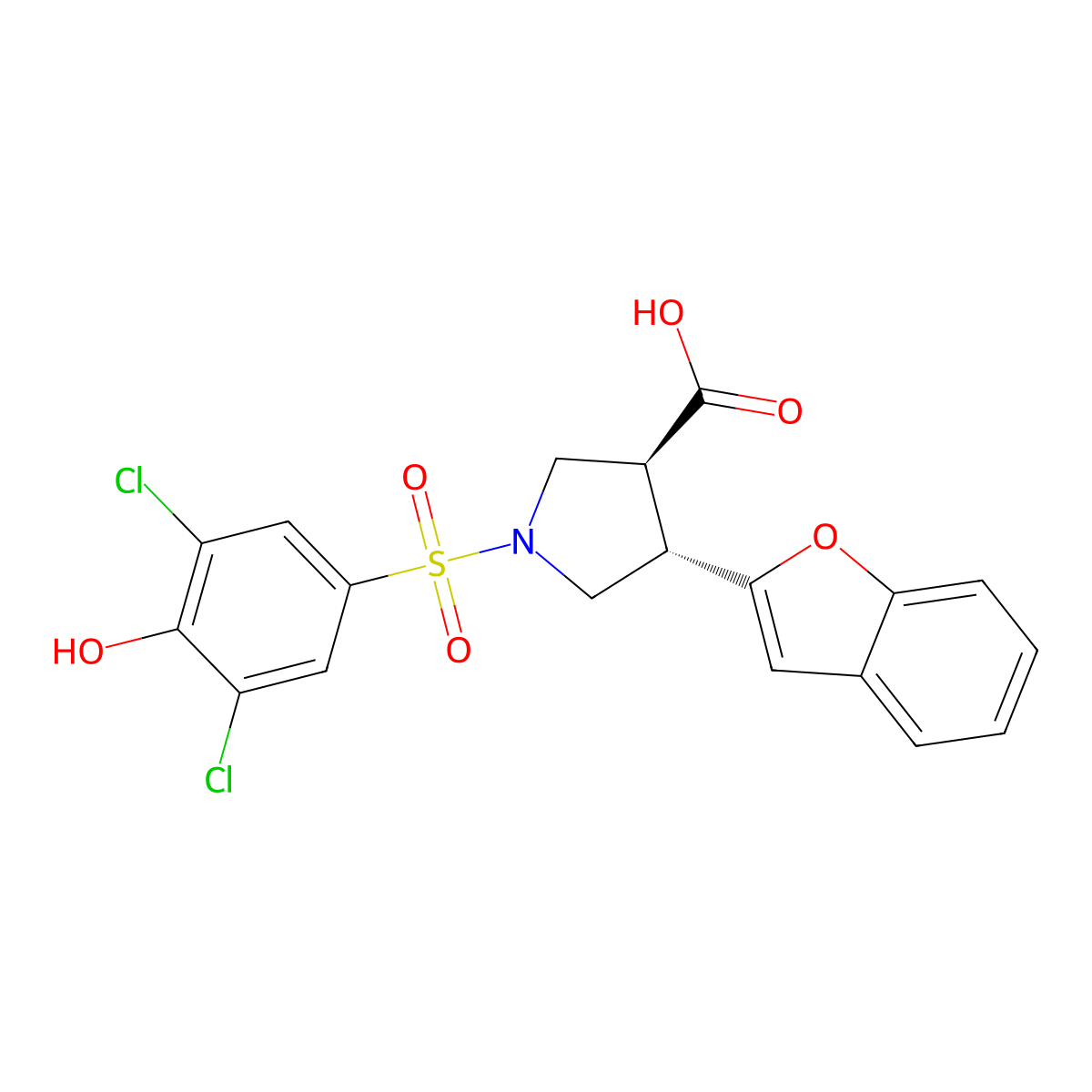 (3S,4S)-4-(1-Benzofuran-2-yl)-1-(3,5-dichloro-4-hydroxyphenyl)sulfonylpyrrolidine-3-carboxylic acid molecular structure, CAS 2416217-67-7
