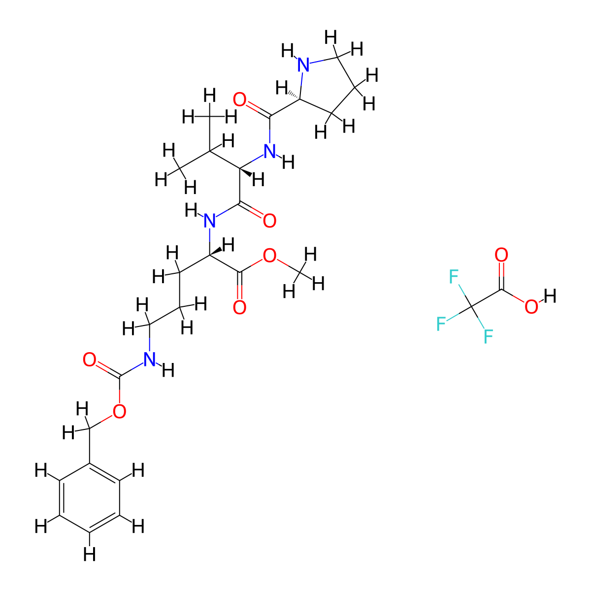 methyl (2S)-5-(((benzyloxy)carbonyl)amino)-2-((2S)-3-methyl-2-(((2S)-pyrrolidin-2-yl)formamido)butanamido)pentanoate; trifluoroacetic acid molecular structure, CAS 2416218-04-5