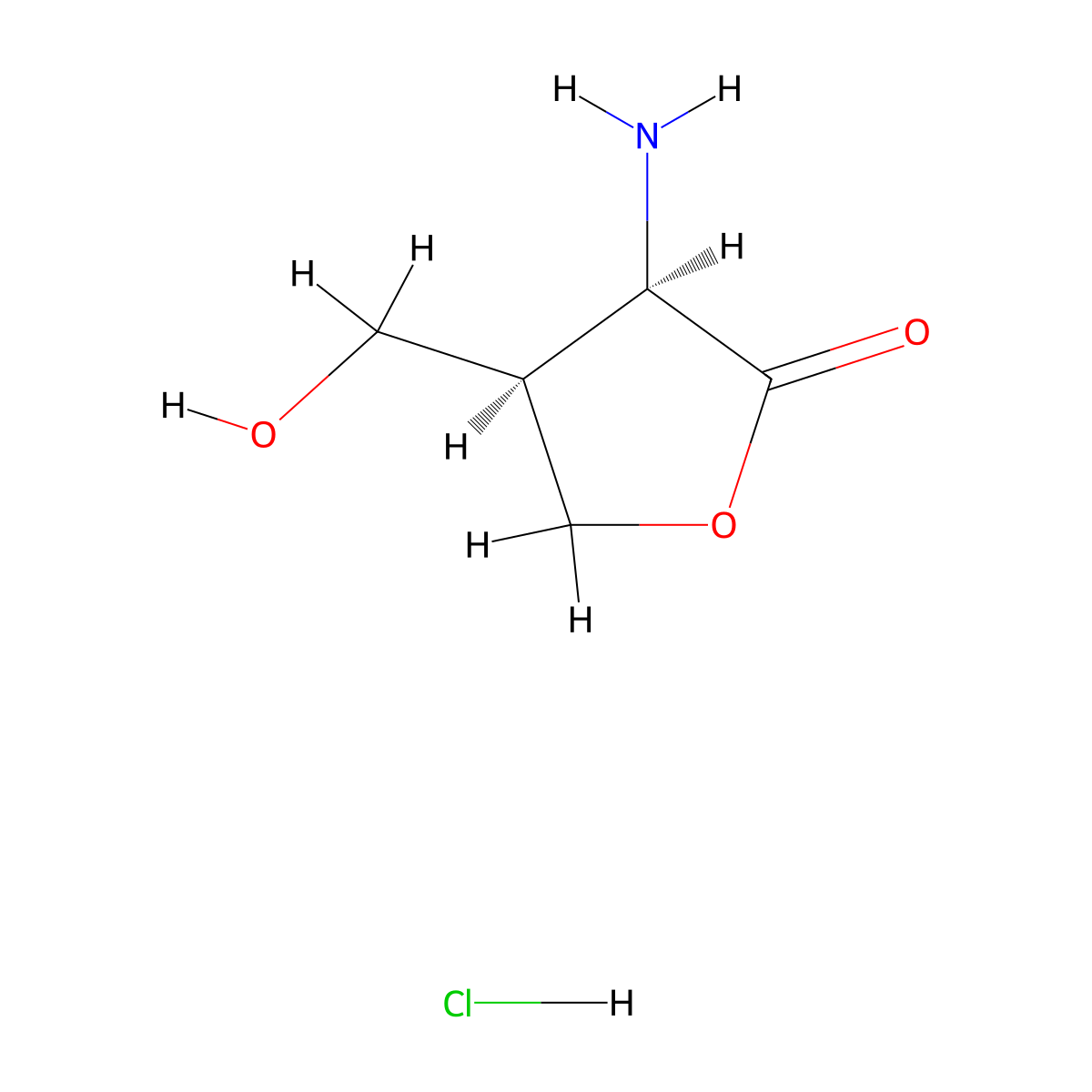 rac-(3R,4R)-3-amino-4-(hydroxymethyl)oxolan-2-onehydrochloride,cis molecular structure, CAS 2416218-17-0