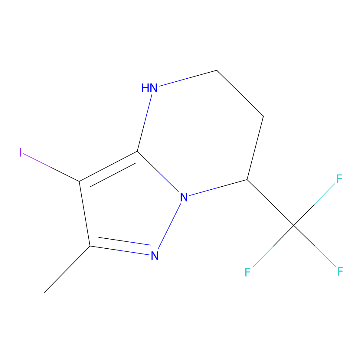 3-iodo-2-methyl-7-(trifluoromethyl)-4H,5H,6H,7H-pyrazolo[1,5-a]pyrimidine molecular structure, CAS 2416236-02-5