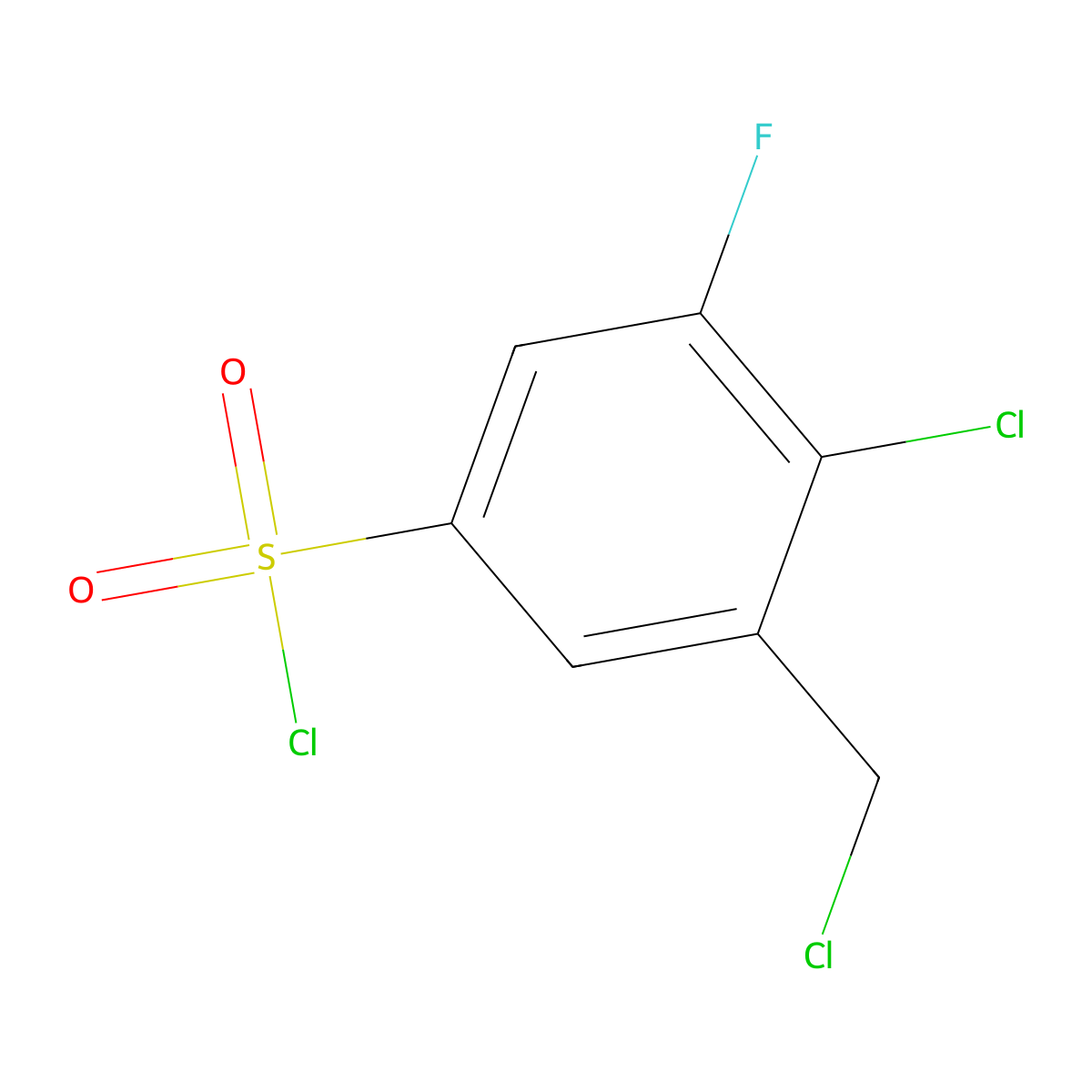 4-Chloro-3-(chloromethyl)-5-fluorobenzene-1-sulfonylchloride molecular structure, CAS 2416236-78-5