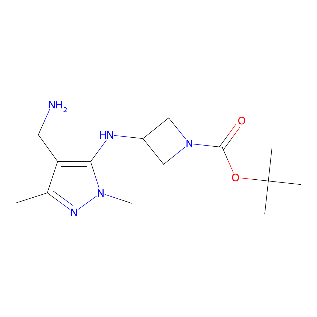 tert-butyl3-{[4-(aminomethyl)-1,3-dimethyl-1H-pyrazol-5-yl]amino}azetidine-1-carboxylate molecular structure, CAS 2416242-91-4