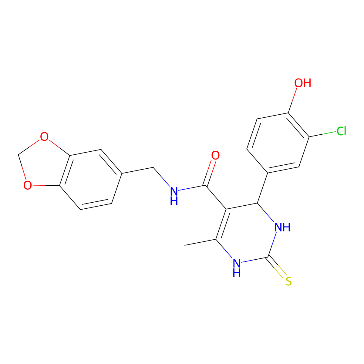 N-[(1,3-dioxaindan-5-yl)methyl]-4-(3-chloro-4-hydroxyphenyl)-6-methyl-2-sulfanylidene-1,2,3,4-tetrahydropyrimidine-5-carboxamide molecular structure, CAS 2416243-10-0