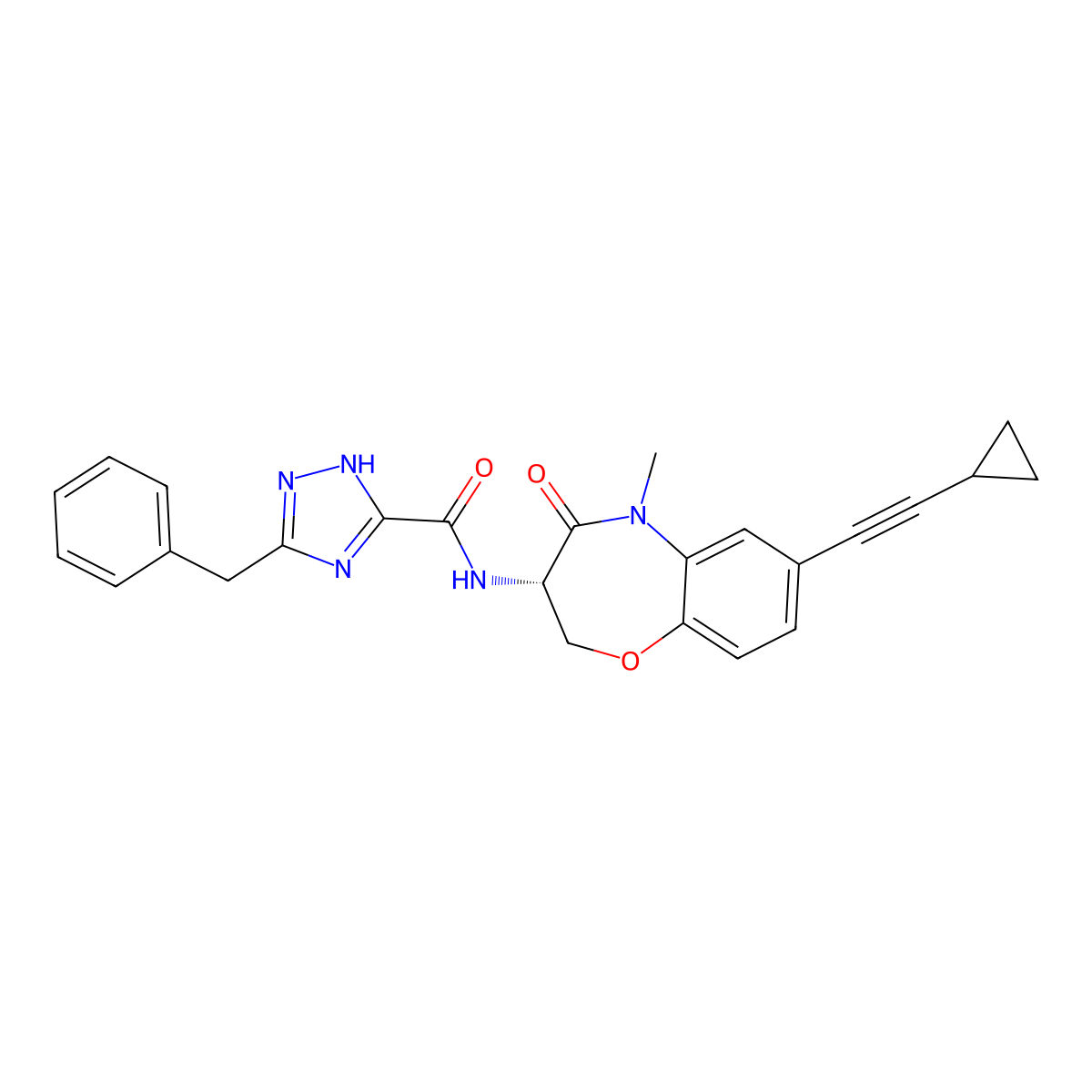 N-[(3S)-7-(2-cyclopropylethynyl)-5-methyl-4-oxidanylidene-2,3-dihydro-1,5-benzoxazepin-3-yl]-5-(phenylmethyl)-4H-1,2,4-triazole-3-carboxamide molecular structure, CAS 2416593-55-8