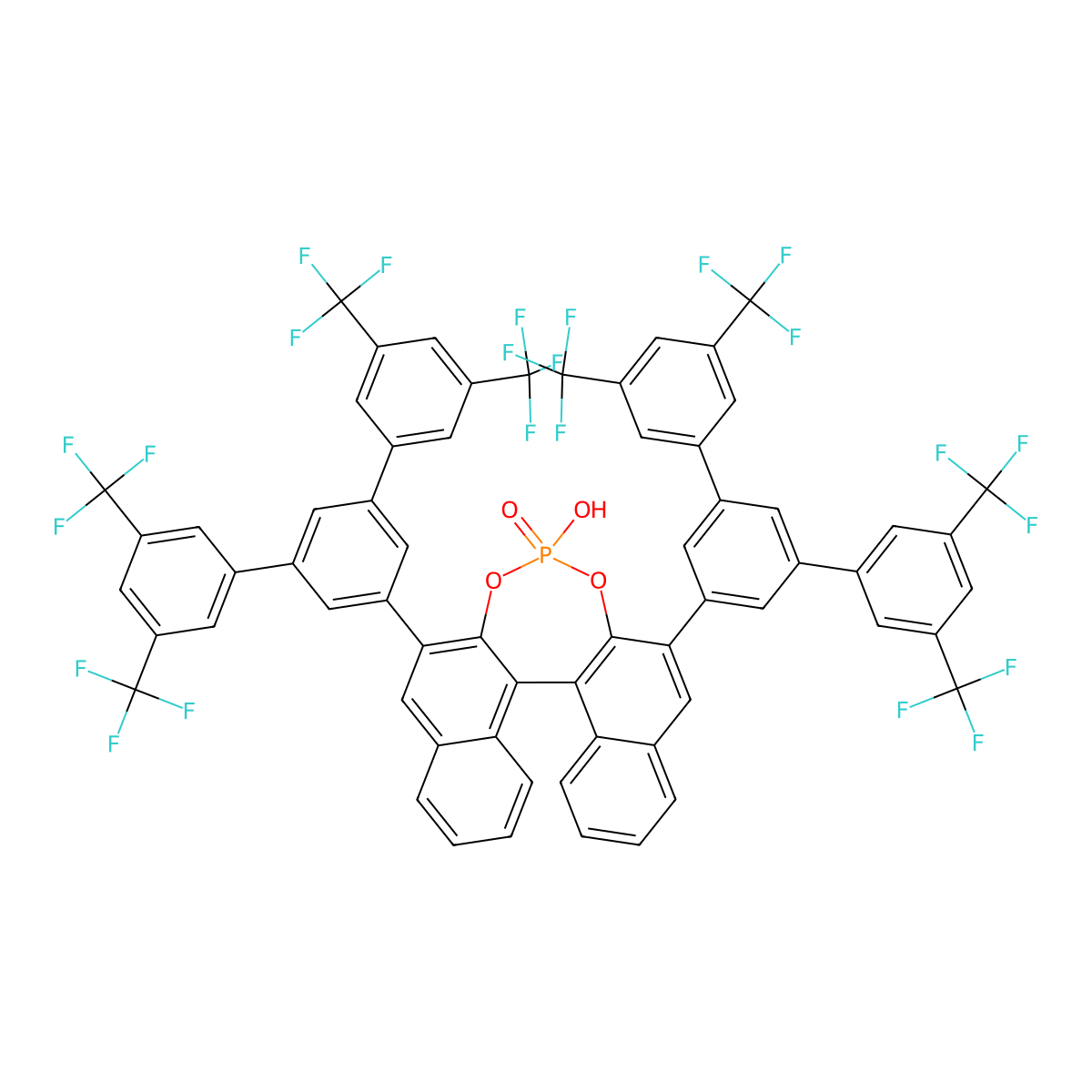 (R)-4-Hydroxy-2,6-bis(3,3'',5,5''-tetrakis(trifluoromethyl)-[1,1':3',1''-terphenyl]-5'-yl)dinaphtho[2,1-d:1',2'-f][1,3,2]dioxaphosphepine 4-oxide molecular structure, CAS 2416662-51-4