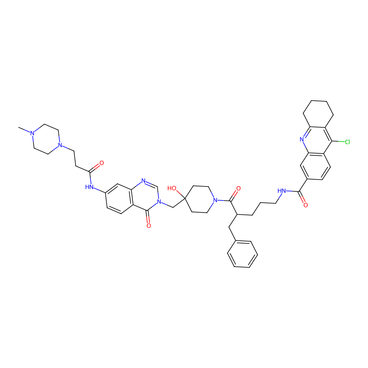 (S)-N-(4-benzyl-5-(4-hydroxy-4-((7-(3-(4-methylpiperazin-1-yl)propanamido)-4-oxoquinazolin-3(4H)-yl)methyl)piperidin-1-yl)-5-oxopentyl)-9-chloro-5,6,7,8-tetrahydroacridine-3-carboxamide molecular structure, CAS 2417089-74-6