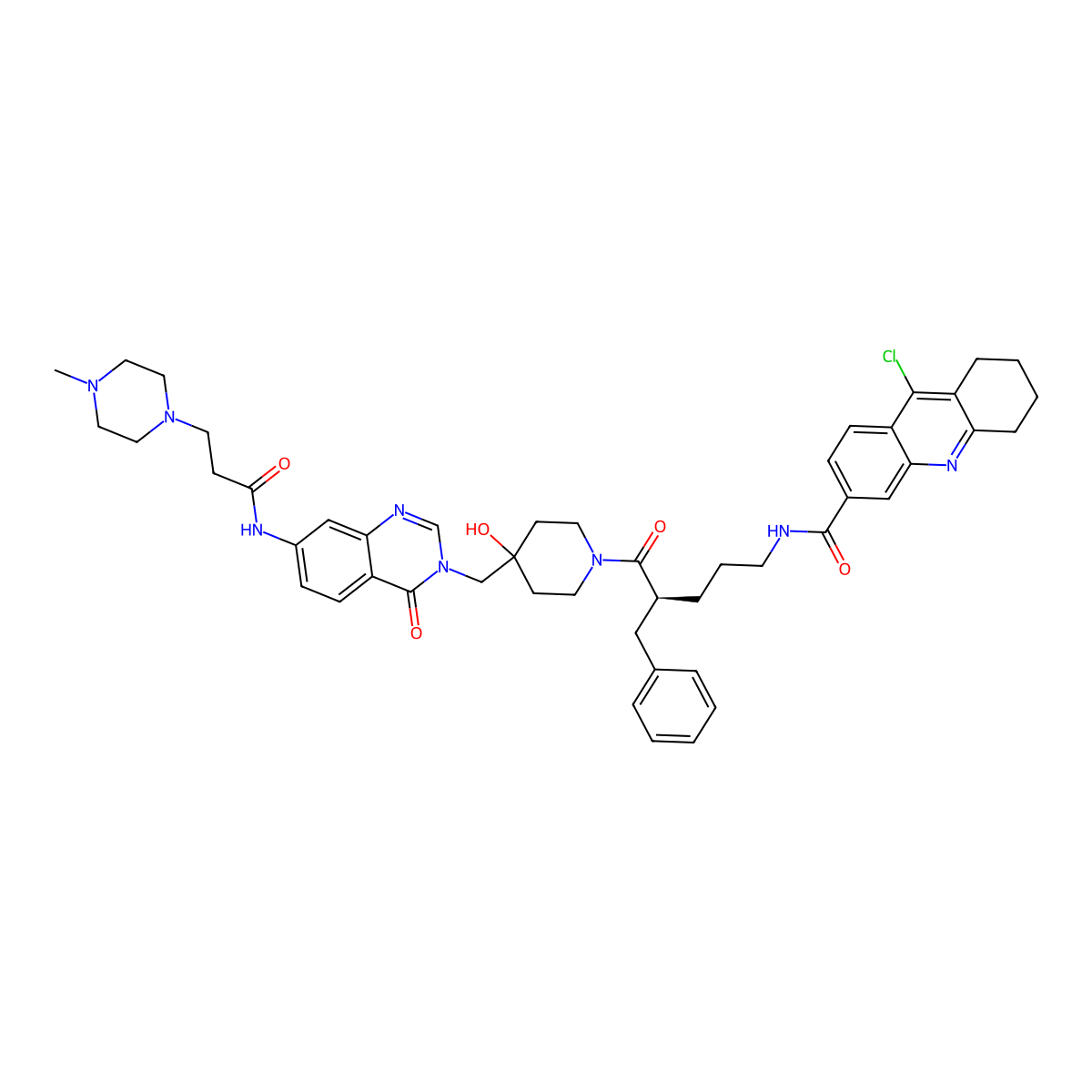 (S)-N-(4-benzyl-5-(4-hydroxy-4-((7-(3-(4-methylpiperazin-1-yl)propanamido)-4-oxoquinazolin-3(4H)-yl)methyl)piperidin-1-yl)-5-oxopentyl)-9-chloro-5,6,7,8-tetrahydroacridine-3-carboxamide molecular structure, CAS 2417089-74-6