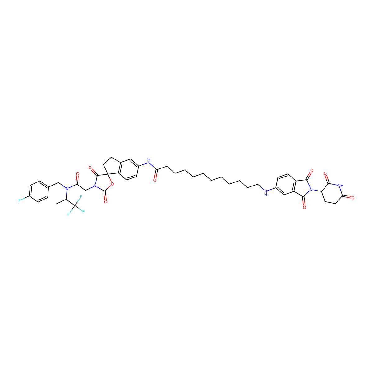 12-((2-(2,6-Dioxopiperidin-3-yl)-1,3-dioxoisoindolin-5-yl)amino)-N-((R)-3'-(2-((4-fluorobenzyl)((S)-1,1,1-trifluoropropan-2-yl)amino)-2-oxoethyl)-2',4'-dioxo-2,3-dihydrospiro[indene-1,5'-oxazolidin]-5-yl)dodecanamide molecular structure, CAS 2417097-18-6