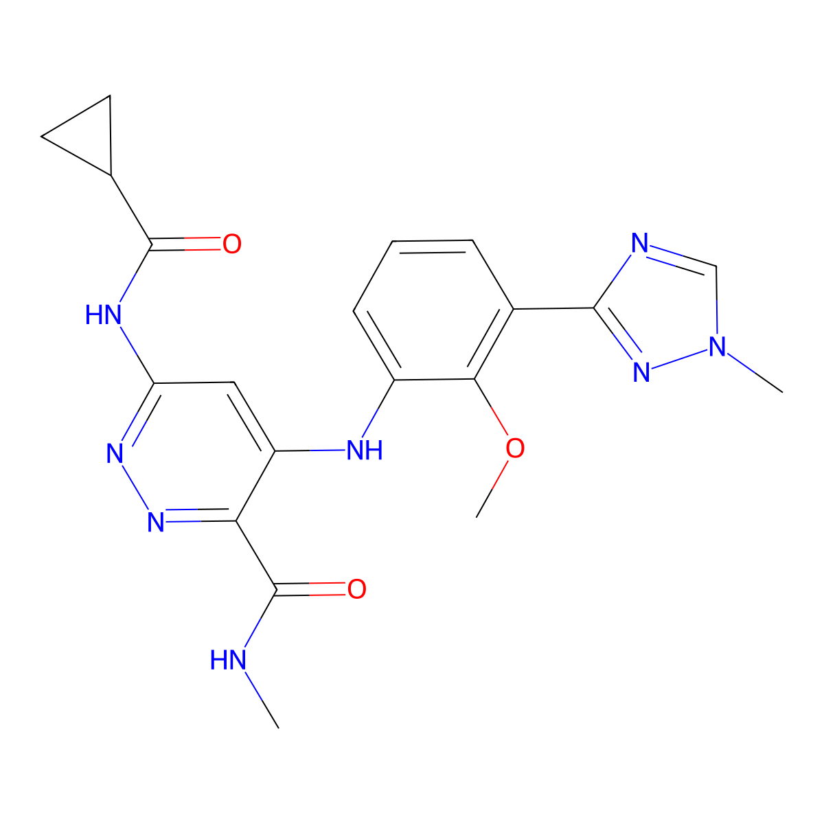 6-(cyclopropanecarboxamido)-4-((2-methoxy-3-(1-methyl-1H-1,2,4-triazol-3-yl)phenyl)amino)-N-methylpyridazine-3-carboxamide molecular structure, CAS 2417137-50-7
