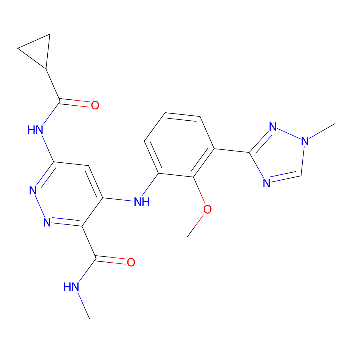 6-(cyclopropanecarboxamido)-4-((2-methoxy-3-(1-methyl-1H-1,2,4-triazol-3-yl)phenyl)amino)-N-methylpyridazine-3-carboxamide molecular structure, CAS 2417137-50-7