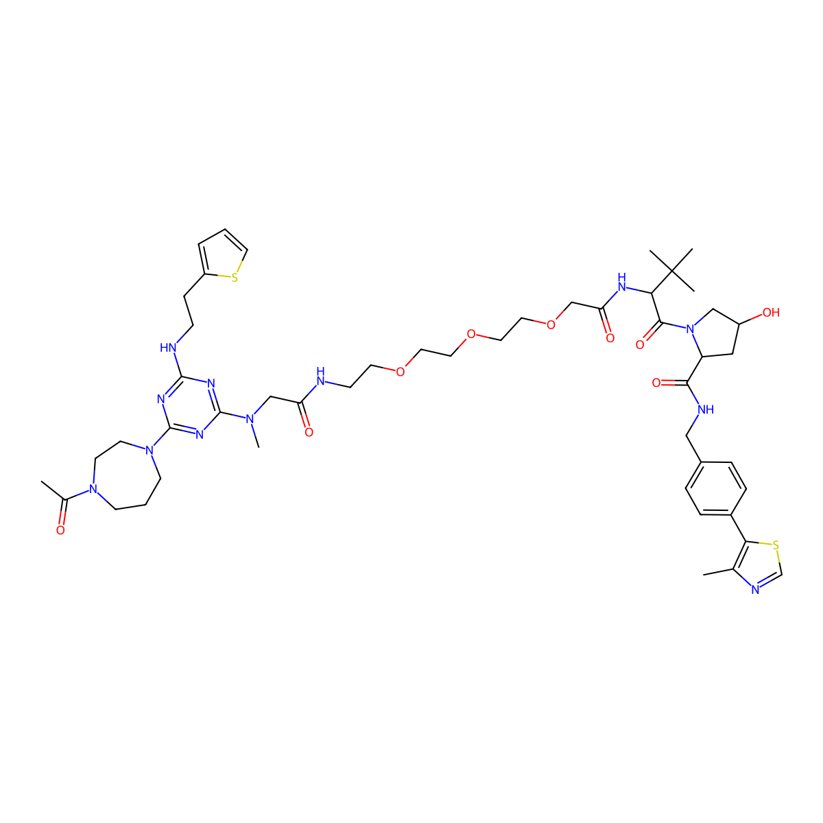 (2R,4S)-1-[(2S)-2-[[2-[2-[2-[2-[[2-[[4-(4-acetyl-1,4-diazepan-1-yl)-6-(2-thiophen-2-ylethylamino)-1,3,5-triazin-2-yl]-methylamino]acetyl]amino]ethoxy]ethoxy]ethoxy]acetyl]amino]-3,3-dimethylbutanoyl]-4-hydroxy-N-[[4-(4-methyl-1,3-thiazol-5-yl)phenyl]methyl]pyrrolidine-2-carboxamide molecular structure, CAS 2417159-57-8